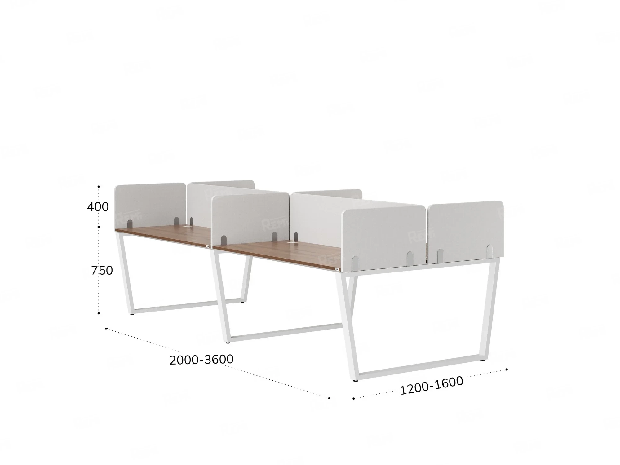 Бенч-система, 4 рабочих места, на U-образных опорах, 8 тканевых экранов 3200x1200x750 RM173-1-16x12 Дуб Юстус/Белый