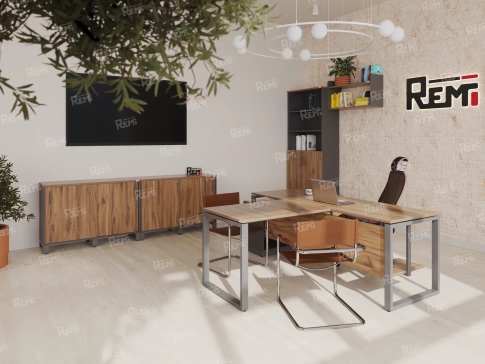 Стол прямой, подвесная тумба, ЛДСП экран, П-опора 1800x800x750 RM030-18x8 Дуб Юстус/Серый