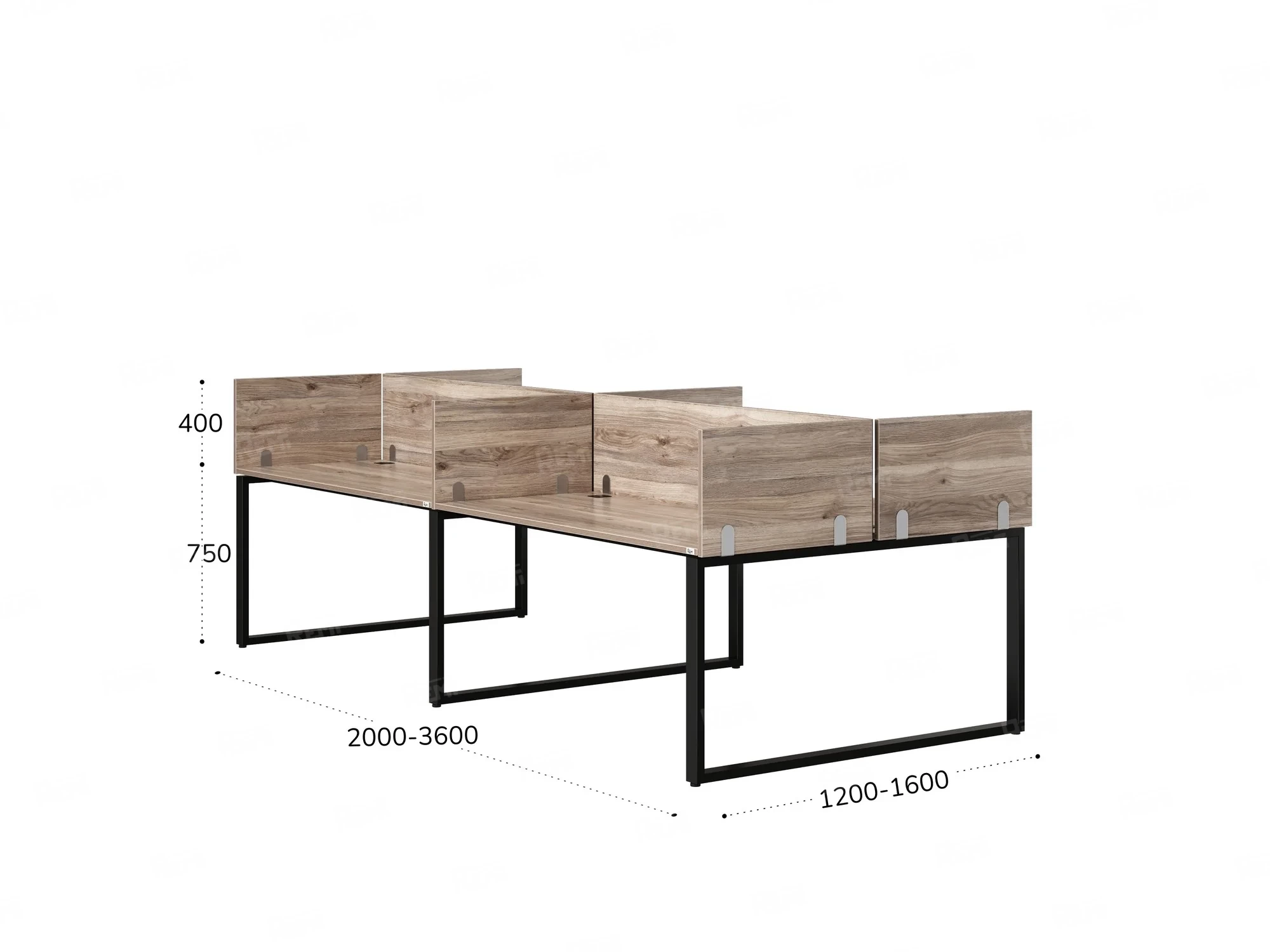 Бенч-система, 4 рабочих места, на О-образных опорах, 8 ЛДСП экранов 2400x1400x750 RM170-1-12x14 Дуб Маувелла/Черный