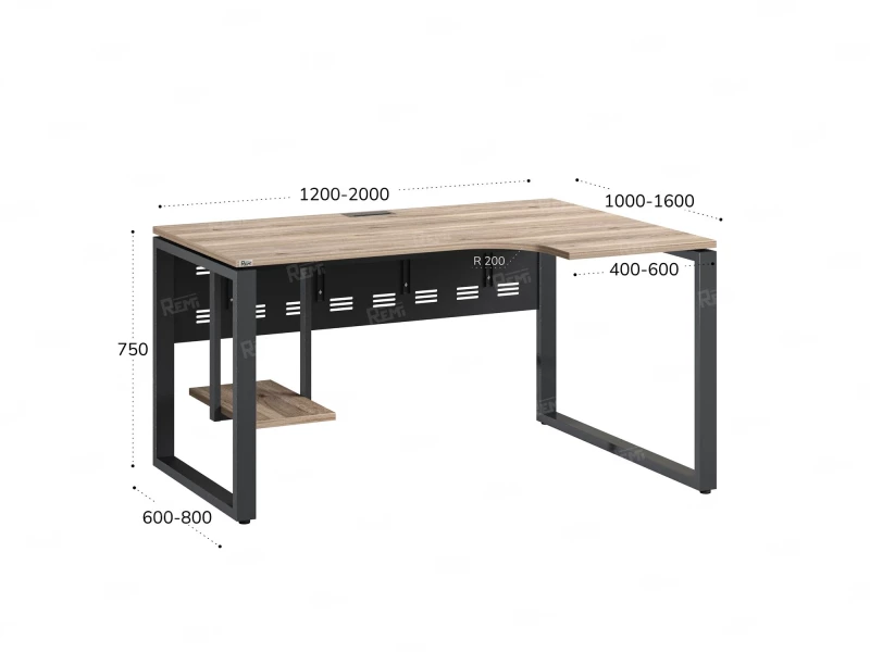 Стол угловой, экран металл, О-опора, правый 1600x900/1200x750, RM057-16x9-12 Дуб Маувелла/Серый