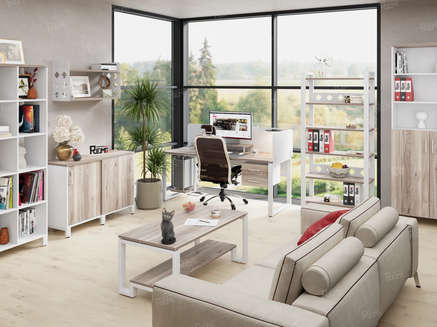 Бенч-система в 1 ряд, 2 рабочих места 2 ЛДСП экранов 3200x800x750 RM174-4-32x8 Дуб Маувелла/Белый