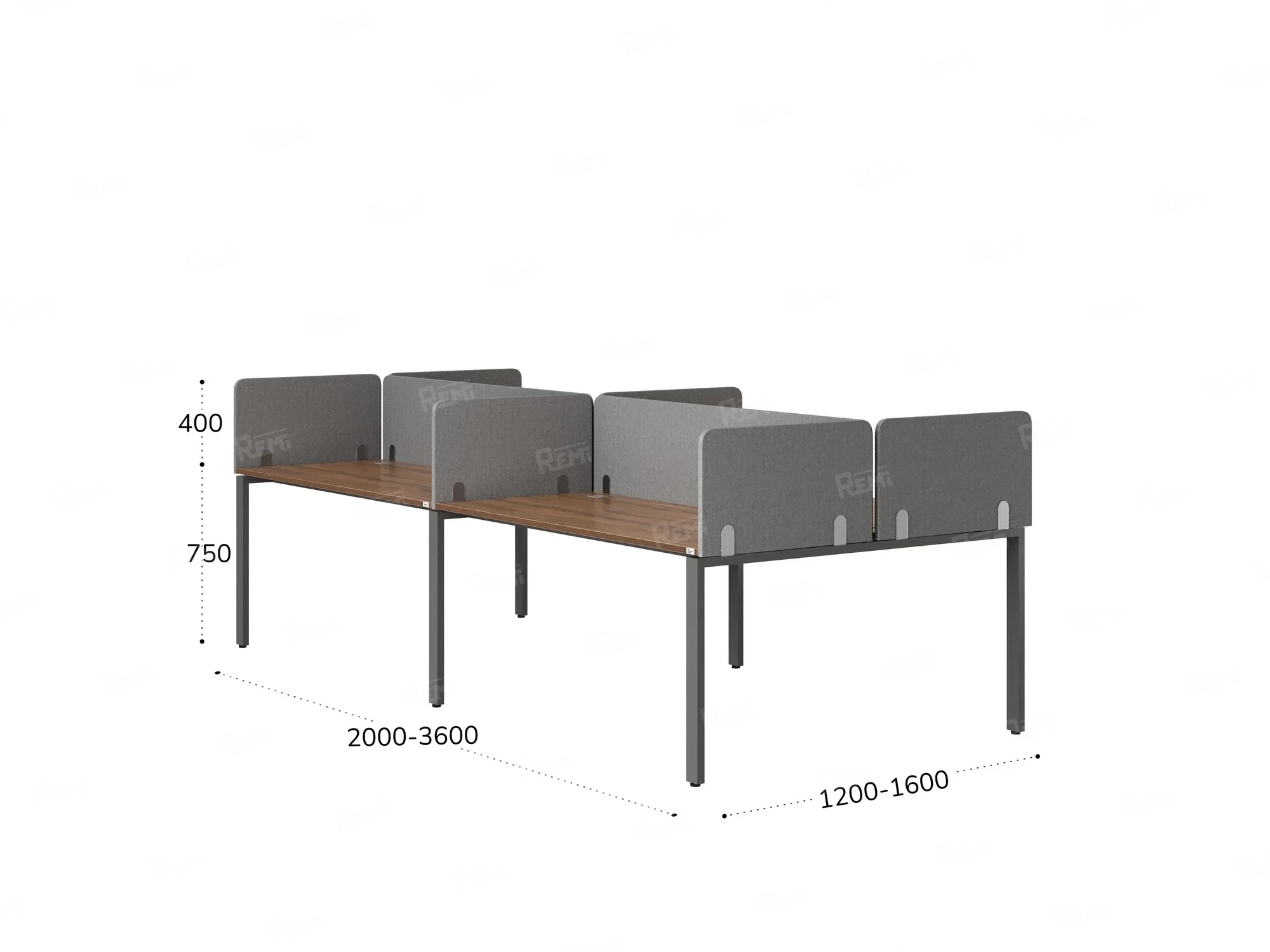 Бенч-система, 4 рабочих места, на П-образных опорах, 8 тканевых экранов 3600x1600x750 RM166-1-18x16 Дуб Юстус/Серый