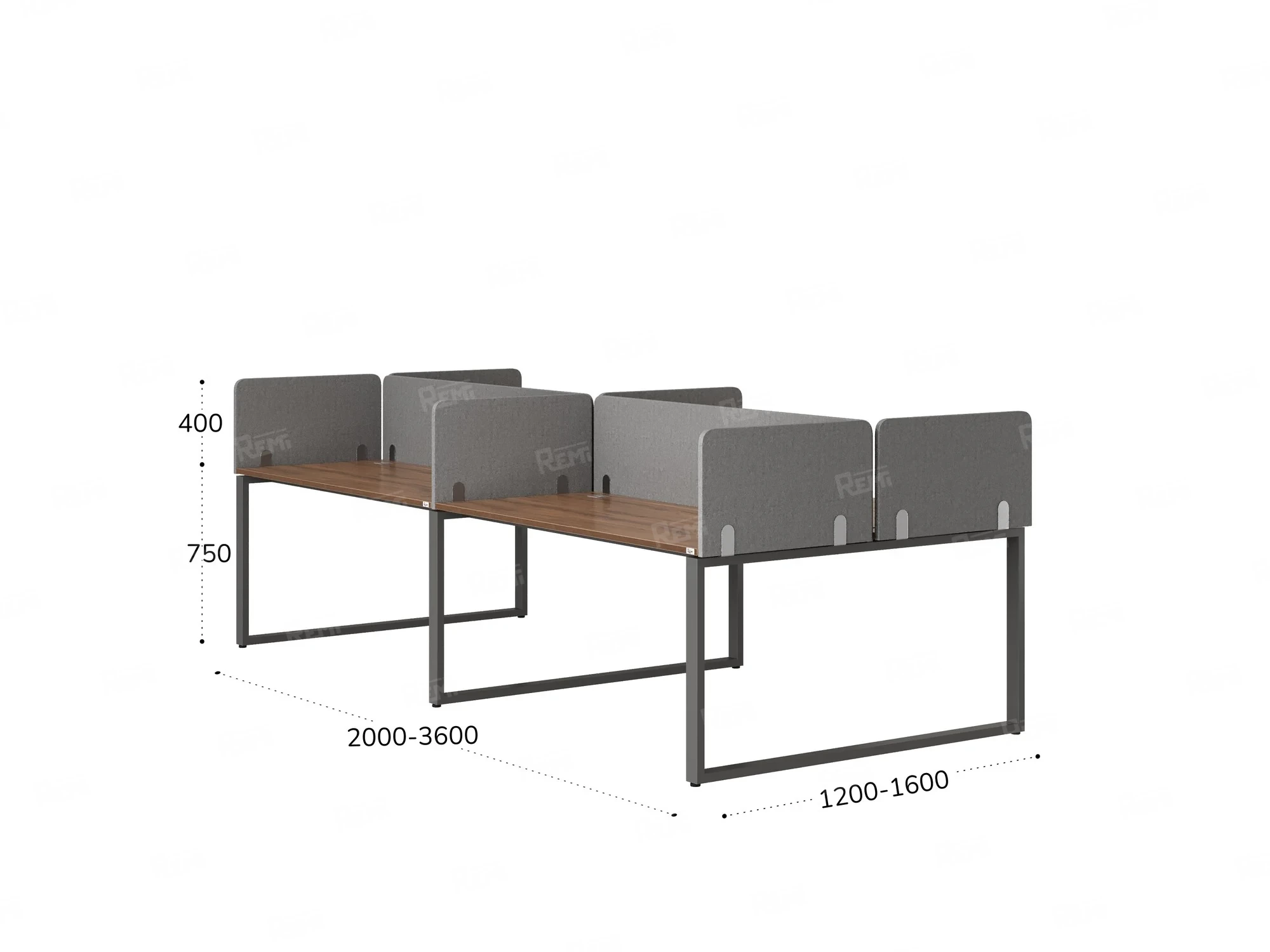 Бенч-система, 4 рабочих места, на О-образных опорах, 8 тканевых экранов 2400x1400x750 RM170-1-12x14 Дуб Юстус/Серый