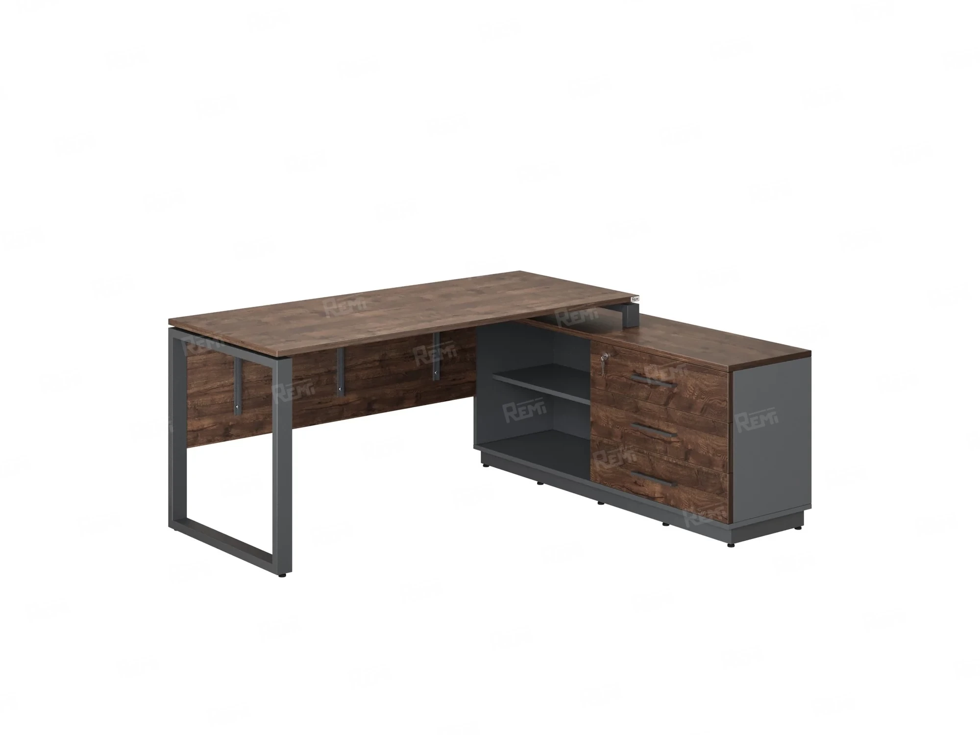 Стол прямой с тумбой R, ЛДСП экран, О-опора 1400x1400x750 RM012R-14x7 Дуб Апрельский шоколад/Серый