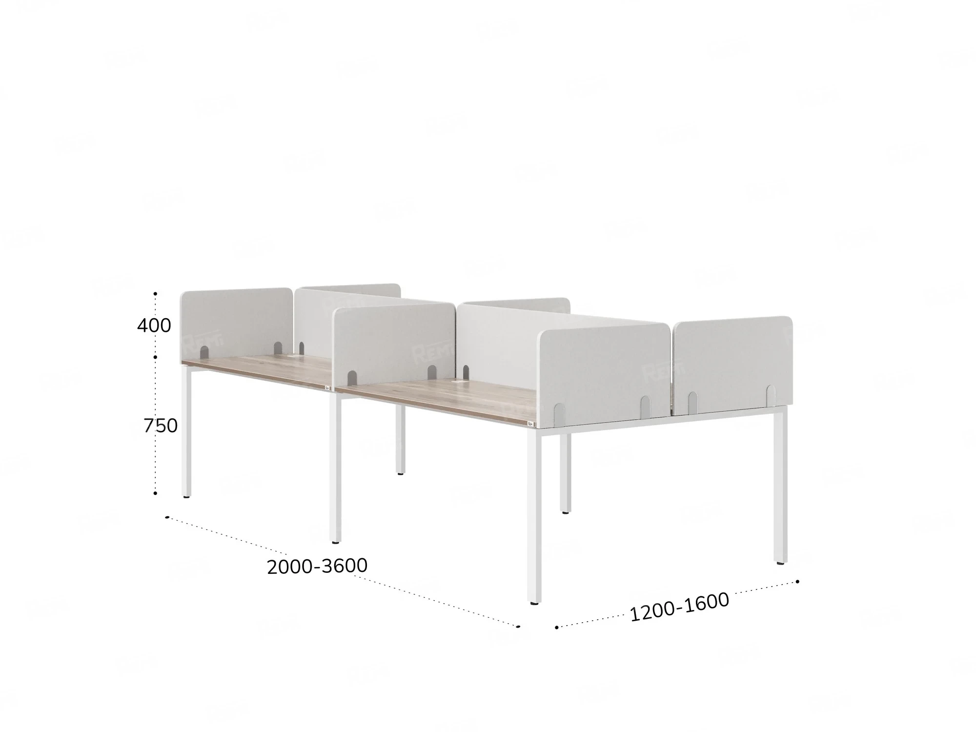Бенч-система, 4 рабочих места, на П-образных опорах, 8 тканевых экранов 2000x1400x750 RM166-1-10x14 Дуб Маувелла/Белый