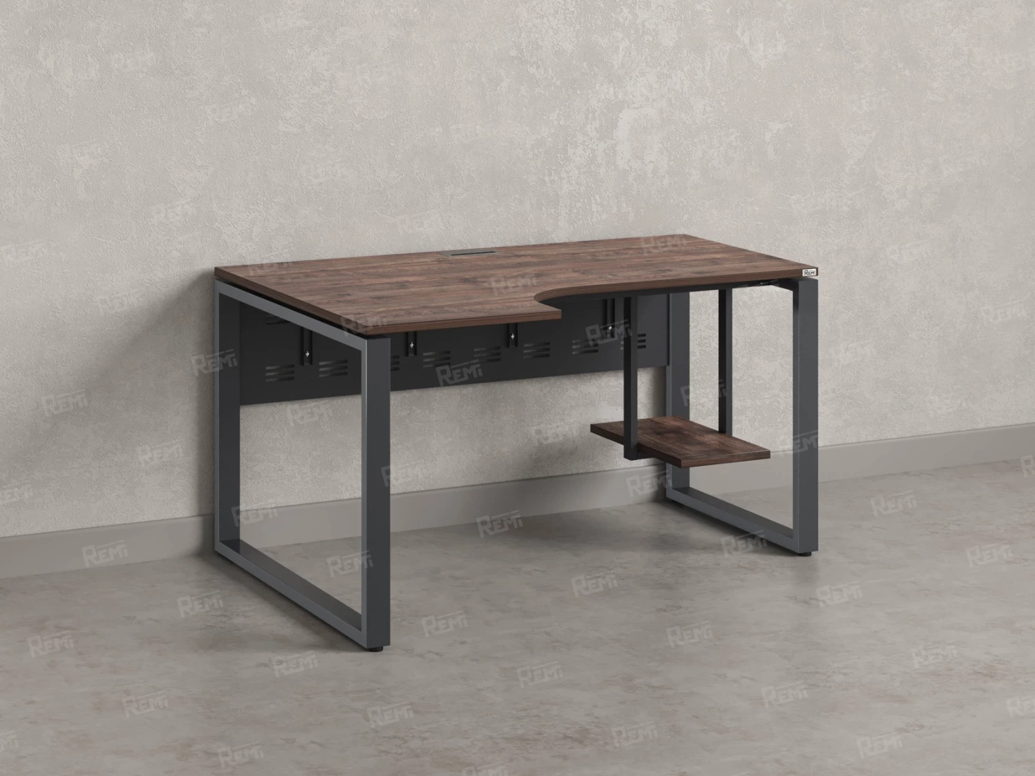 Стол угловой, экран металл, О-опора, левый 1600x800/1000x750, RM056-16x8-10 Дуб Апрельский шоколад/Серый