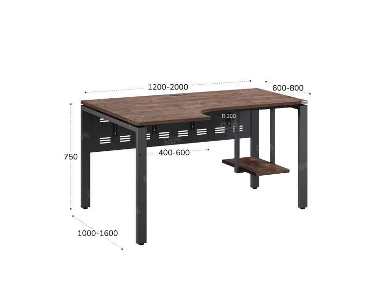 Стол угловой, экран металл, П-опора, левый 1400x800/1000x750, RM059-14x8-10 Дуб Апрельский шоколад/Серый