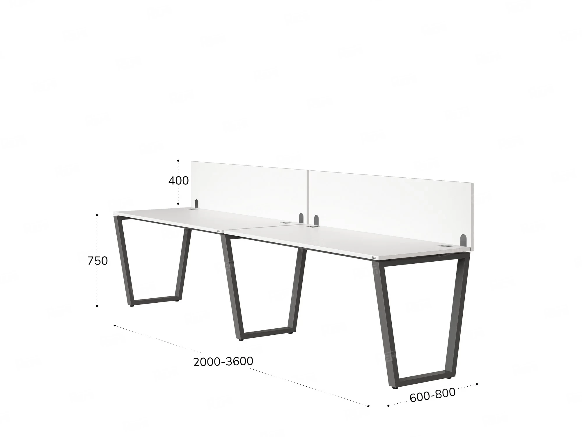 Бенч-система в 1 ряд, 2 рабочих места 2 ЛДСП экранов 2400x800x750 RM174-4-24x8 Белый/Серый