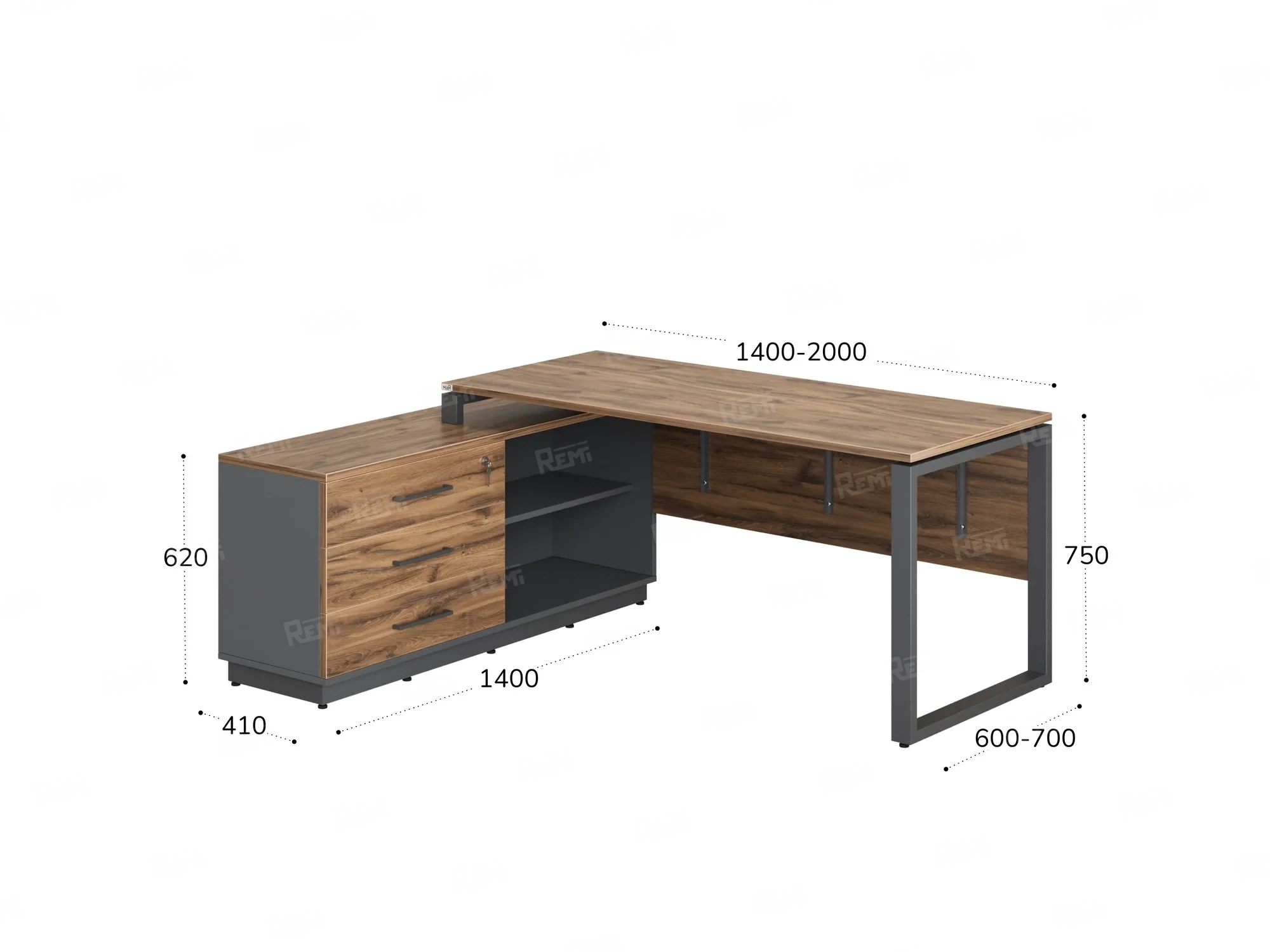 Стол прямой с тумбой L, ЛДСП экран, О-опора 1600x1400x750 RM013L-16x6 Дуб Юстус/Серый