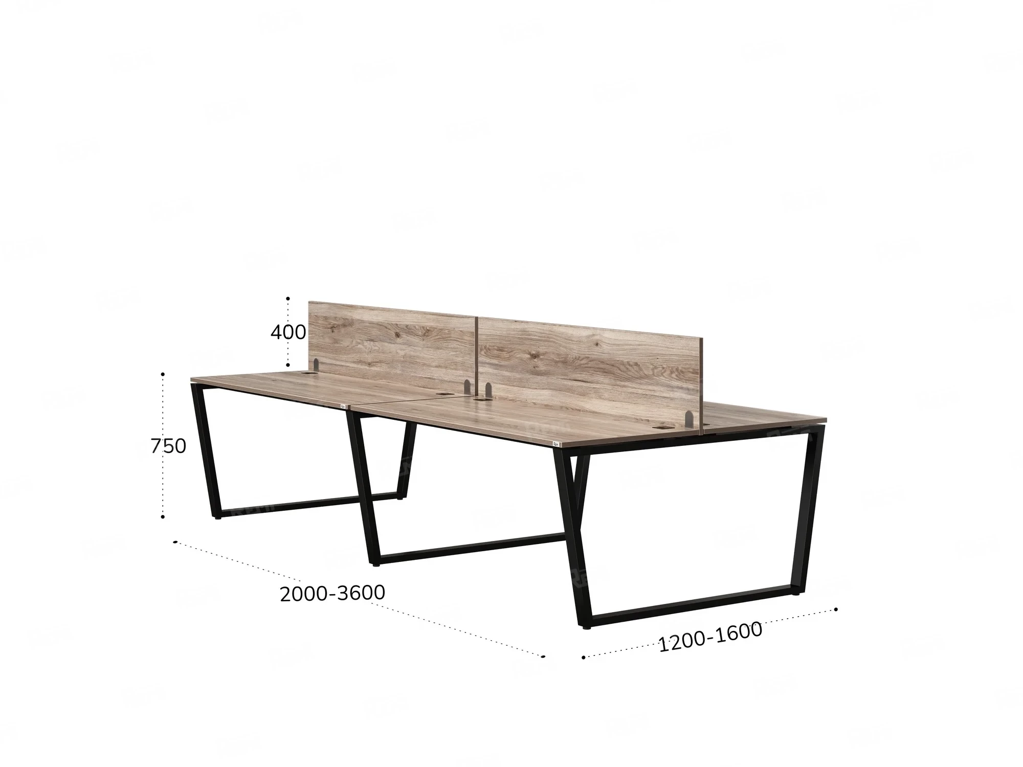 Бенч-система, 4 рабочих места, на U-образных опорах, 2 ЛДСП экранов 3200x1600x750 RM173-4-16x16 Дуб Маувелла/Черный