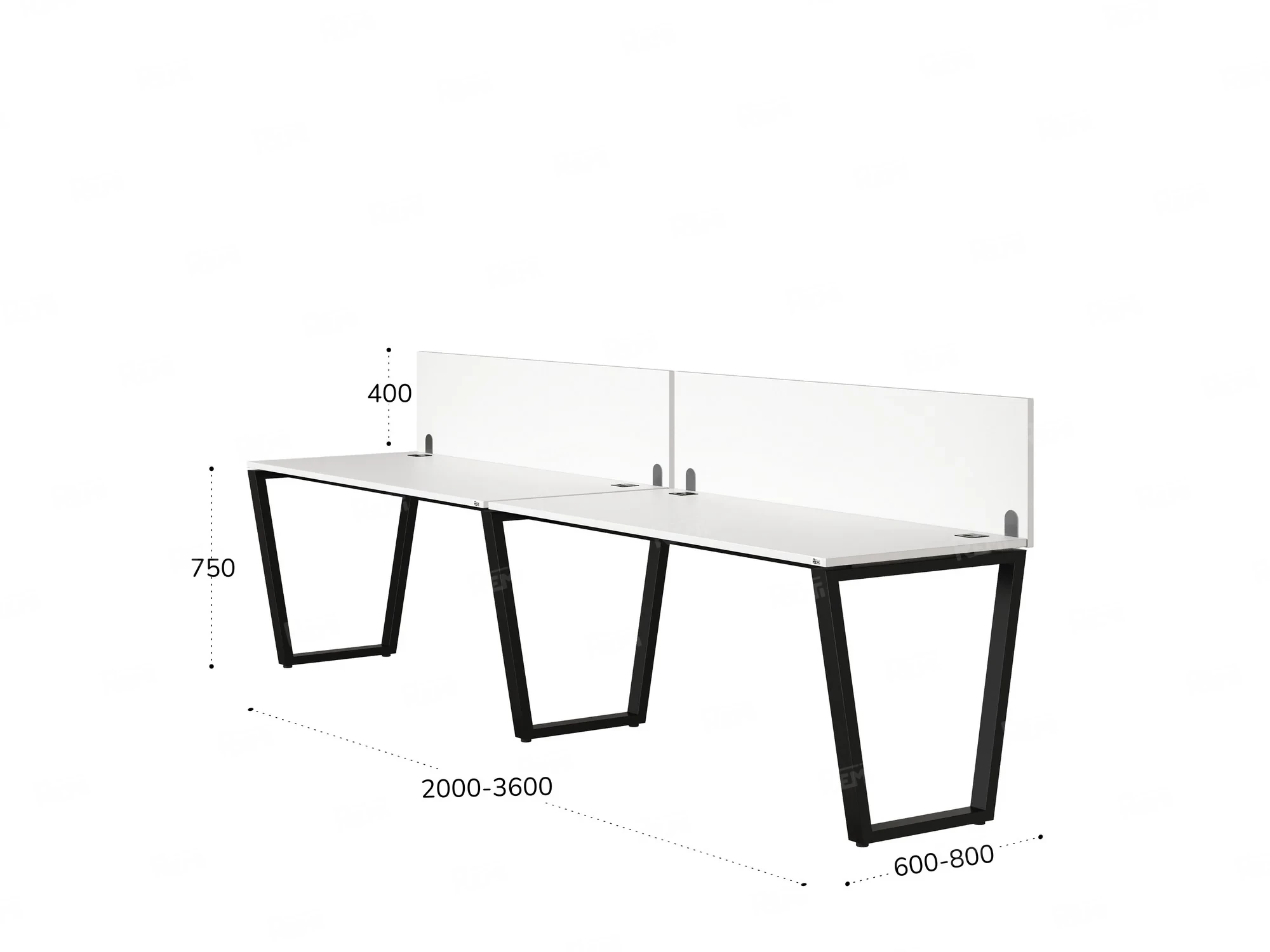 Бенч-система в 1 ряд, 2 рабочих места 2 ЛДСП экранов 2400x800x750 RM174-4-24x8 Белый/Черный