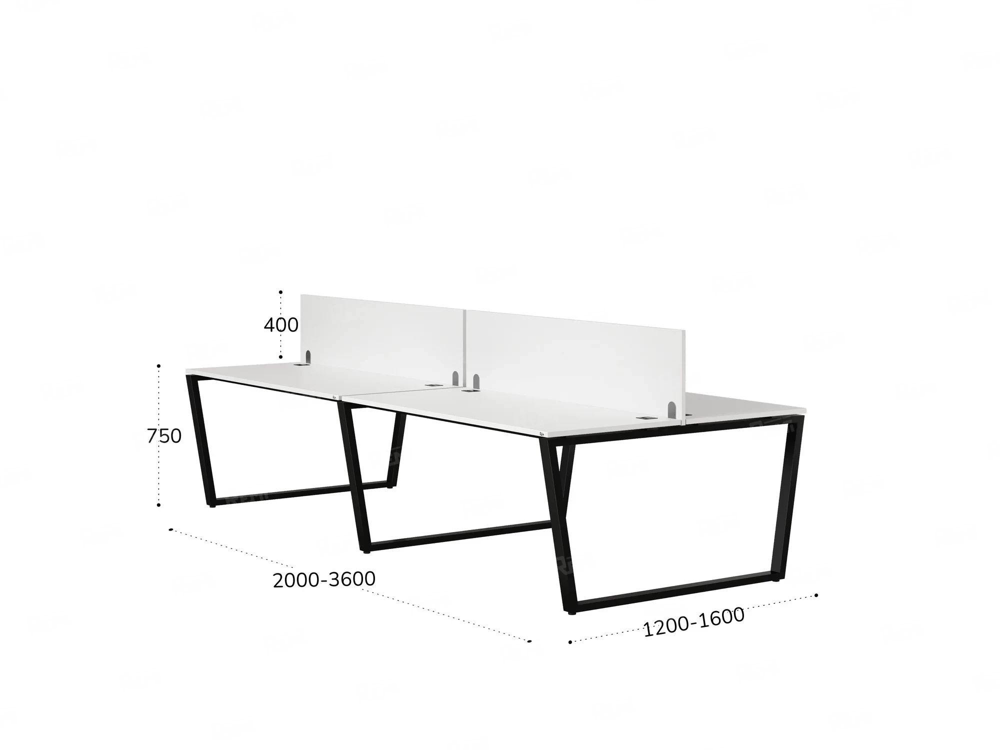 Бенч-система, 4 рабочих места, на U-образных опорах, 2 ЛДСП экранов 2400x1600x750 RM173-4-12x16 Белый/Черный
