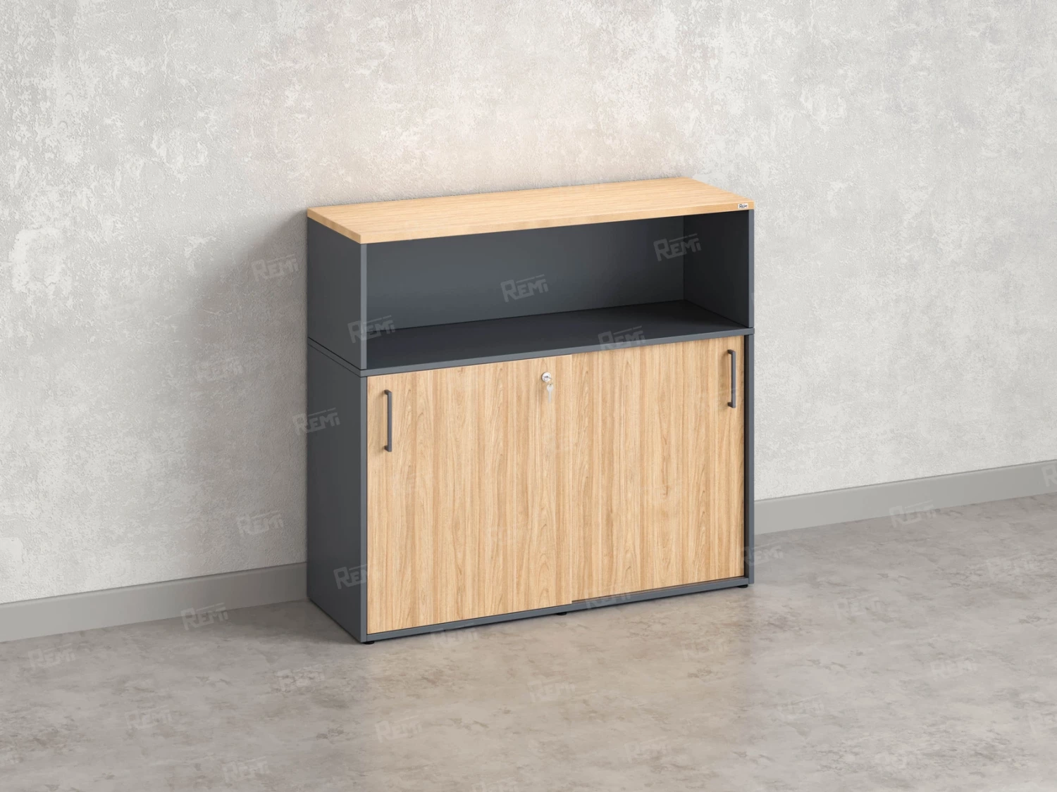 Низкий шкаф-купе, 2 полки с надстройкой, на регулируемых опорах 1200x420x1100 RM127-120x42 Вяз Швейцарский светлый/Серый