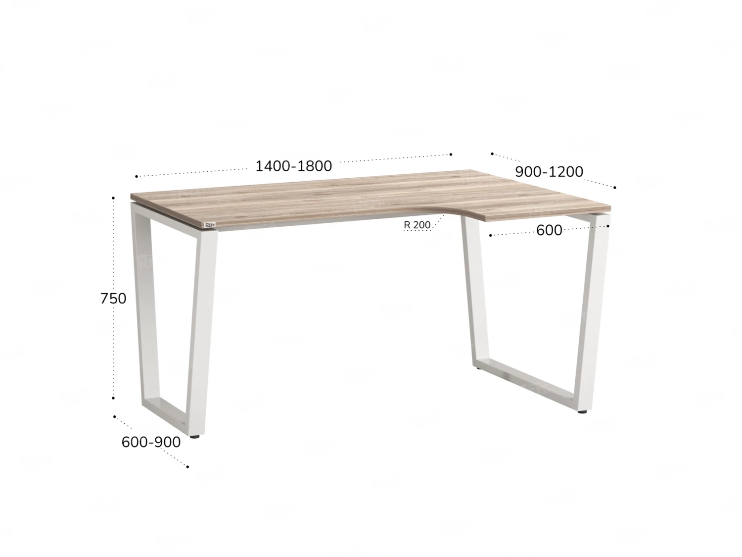 Стол угловой, U-опора, правый 1600x800/1000x750, RM050-16x8-10 Дуб Маувелла/Белый