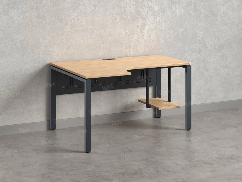 Стол угловой, экран металл, П-опора, левый 1800x700/900x750, RM059-18x7-9 Вяз Швейцарский светлый/Серый