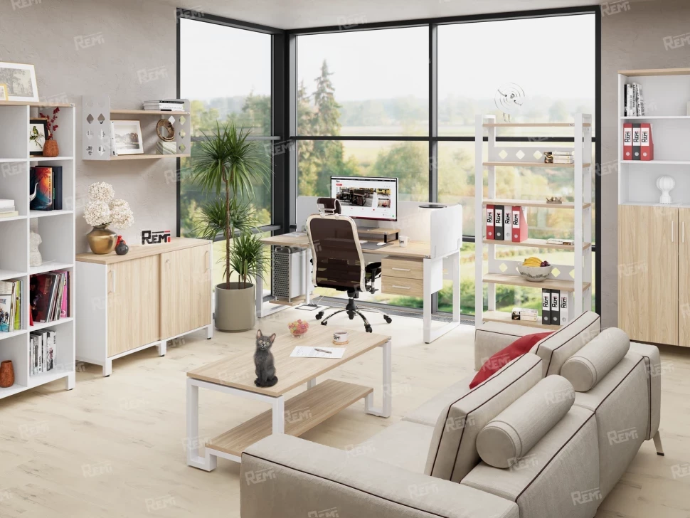 Стол прямой с подвесной тумбой, U-опора 1800x600x750 RM034-18x6 Вяз Швейцарский светлый/Белый