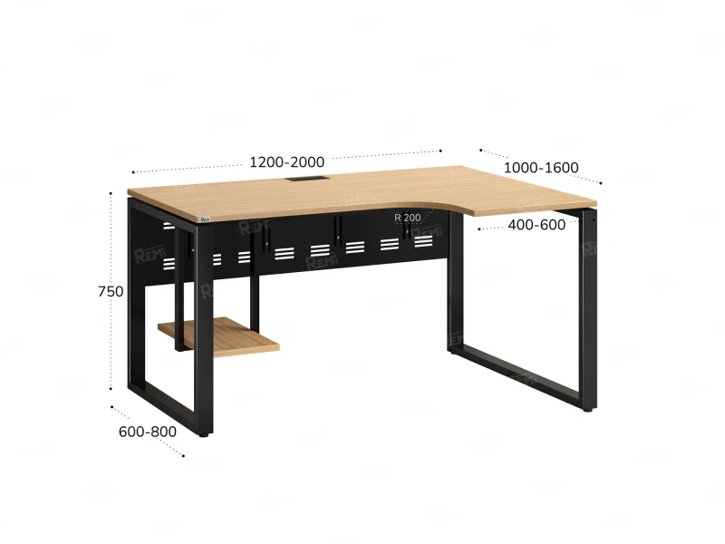 Стол угловой, экран металл, О-опора, правый 1400x700/900x750, RM057-14x7-9 Вяз Швейцарский светлый/Черный