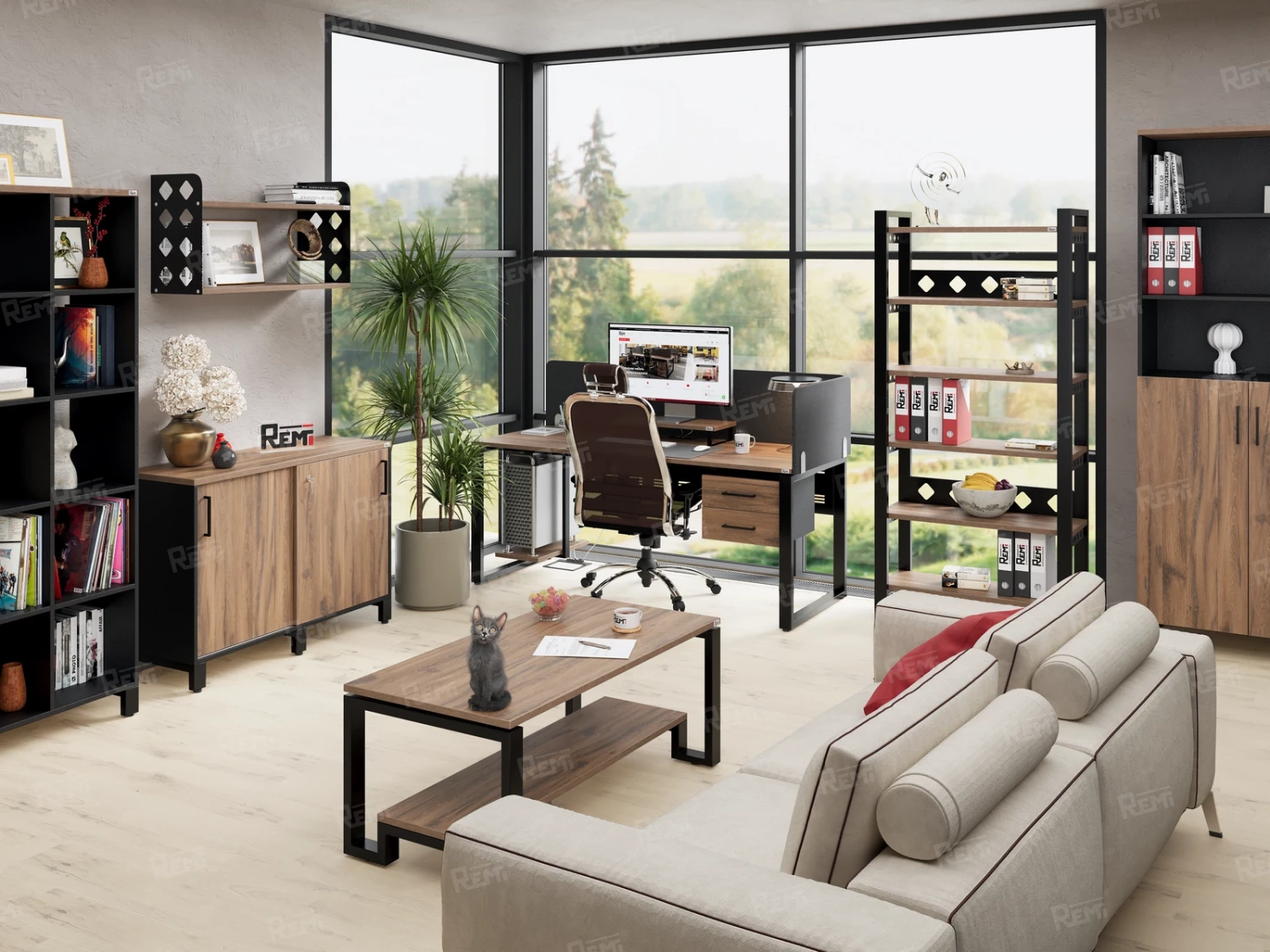 Бенч-система в 1 ряд, 2 рабочих места 2 тканевых экранов 2700x600x750 RM174-3-27x6 Дуб Юстус/Черный