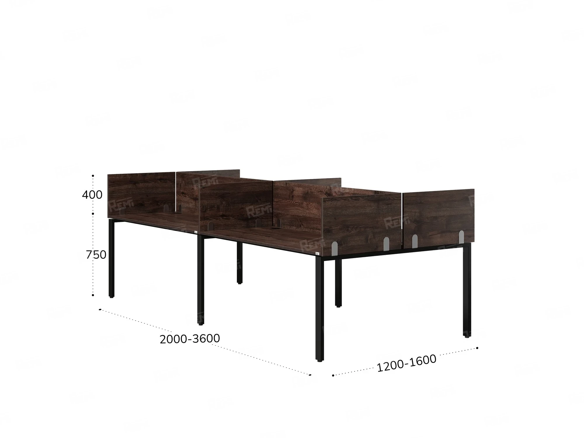 Бенч-система, 4 рабочих места, на П-образных опорах, 8 ЛДСП экранов 3600x1400x750 RM166-2-18x14 Дуб Апрельский шоколад/Черный