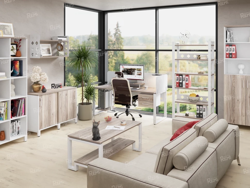 Стол прямой с подвесной тумбой 2 ящика, U-опора 1800x800x750 RM035-18x8 Дуб Маувелла/Белый