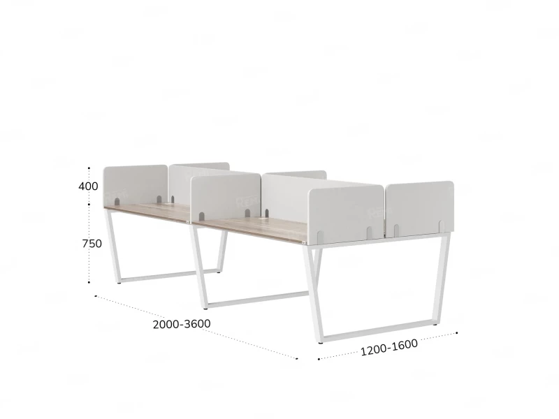 Бенч-система, 4 рабочих места, на U-образных опорах, 8 тканевых экранов 3200x1400x750 RM173-1-16x14 Вяз Швейцарский светлый/Белый