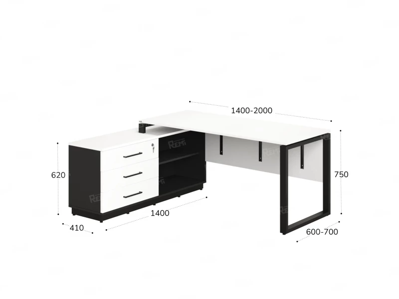Стол прямой с тумбой L, ЛДСП экран, О-опора 1600x1400x750 RM013L-16x7 Белый/Черный