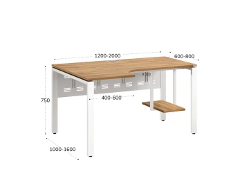 Стол угловой, экран металл, П-опора, левый 1400x800/1000x750, RM059-14x8-10 Дуб Юстус/Белый