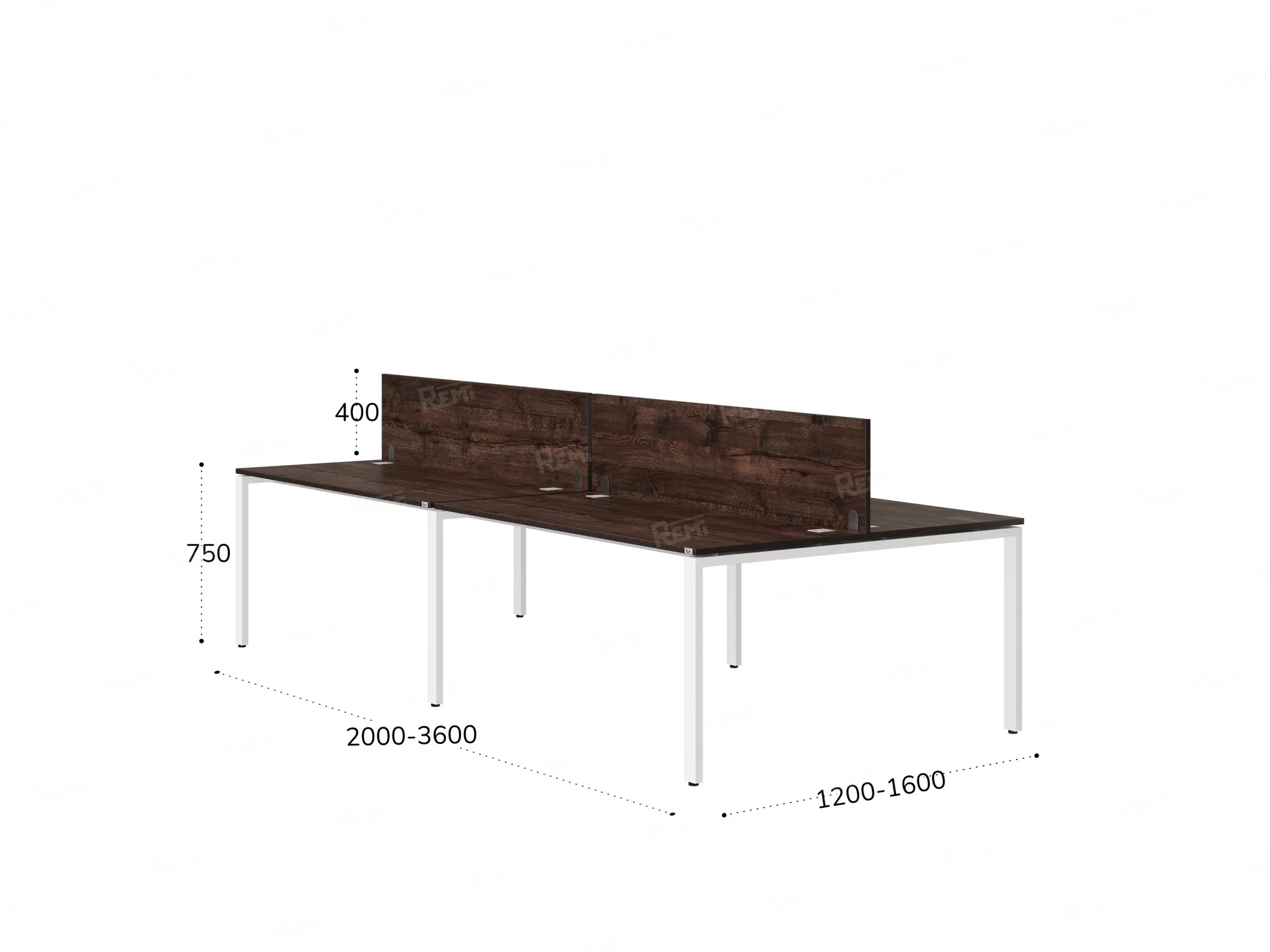 Бенч-система, 4 рабочих места, на П-образных опорах, 2 ЛДСП экранов 2400x1600x750 RM166-4-12x16 Дуб Апрельский шоколад/Белый