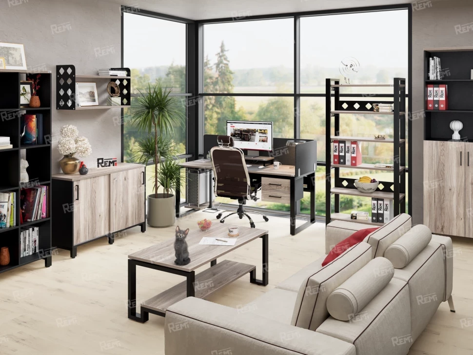 Стол прямой с подвесной тумбой 2 ящика, U-опора 1800x800x750 RM035-18x8 Дуб Маувелла/Черный