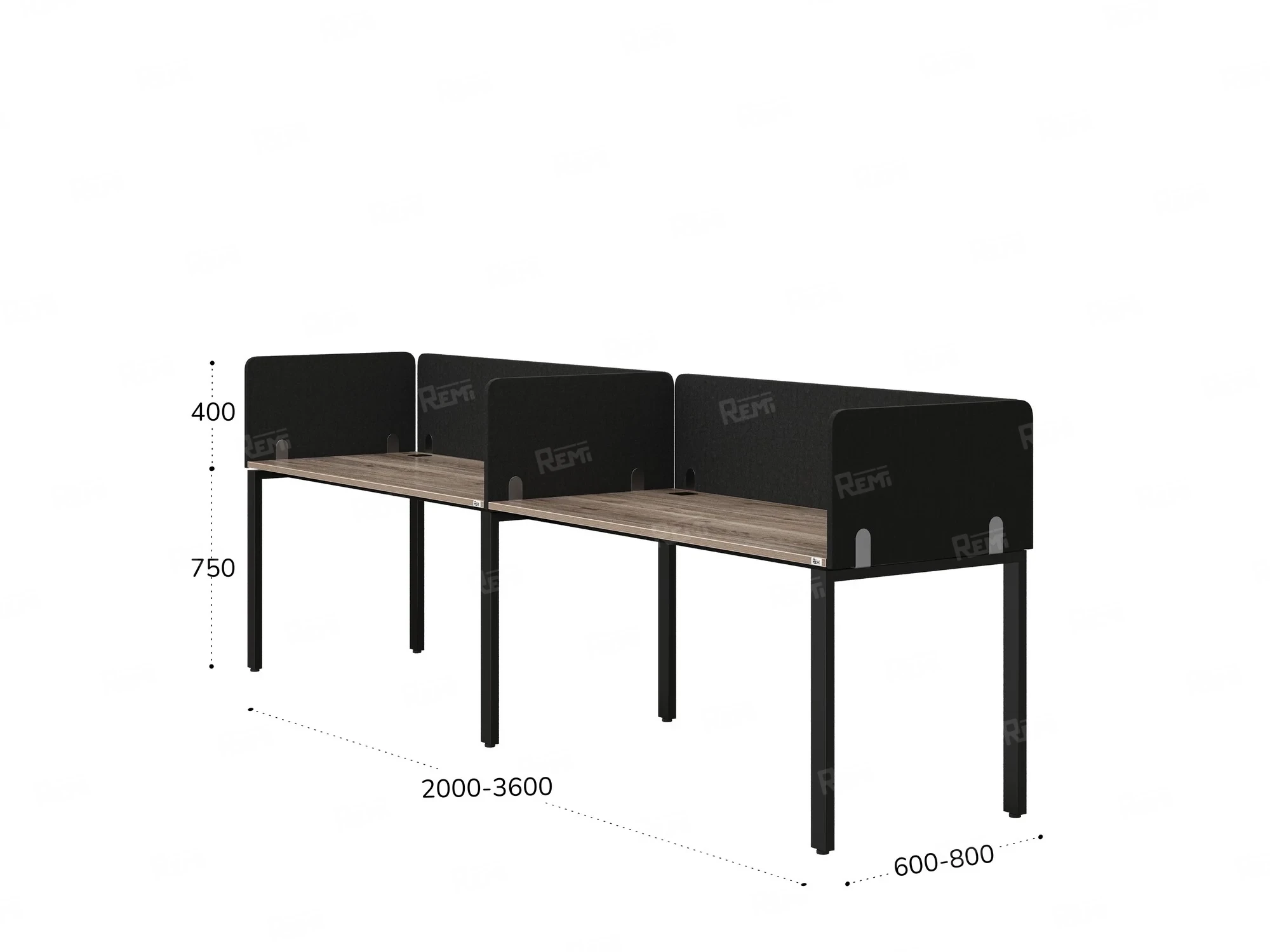 Бенч-система в 1 ряд, 2 рабочих места 5 тканевых экранов 2400x600x750 RM167-1-24x6 Дуб Маувелла/Черный