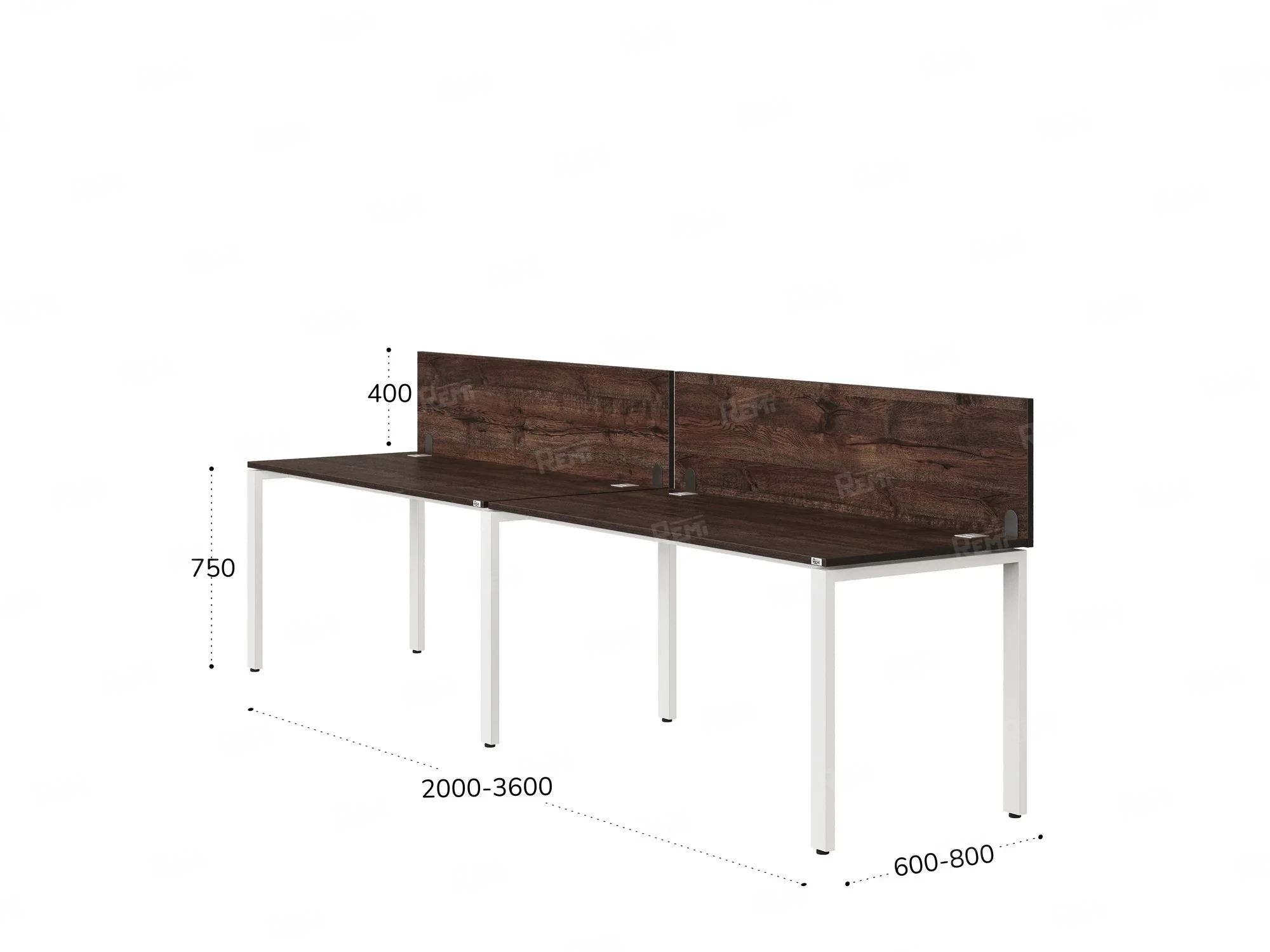 Бенч-система в 1 ряд, 2 рабочих места 2 ЛДСП экранов 2400x800x750 RM167-4-24x8 Дуб Апрельский шоколад/Белый