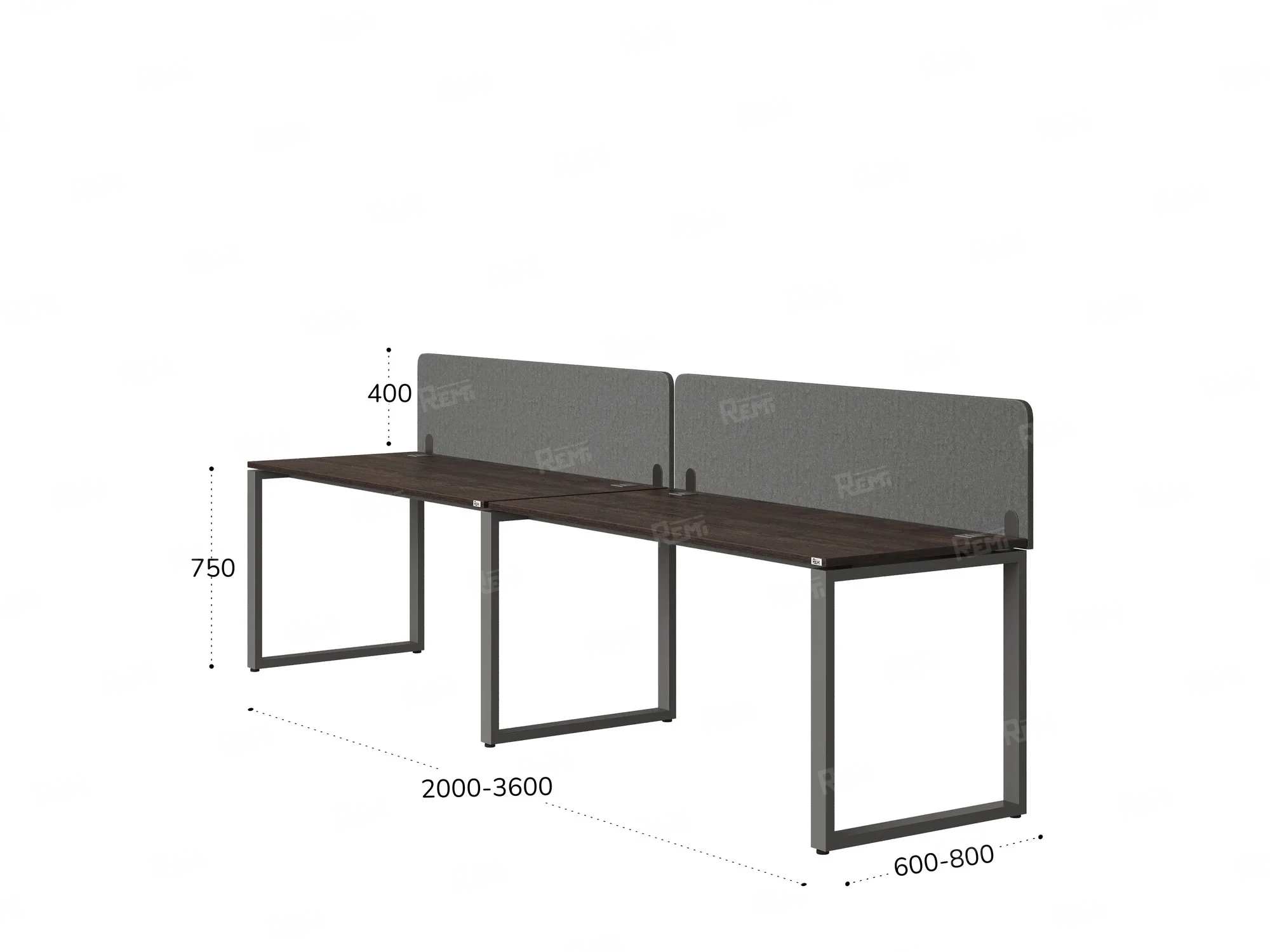 Бенч-система в 1 ряд, 2 рабочих места 2 тканевых экранов 2000x600x750 RM168-3-20x6 Дуб Апрельский шоколад/Серый