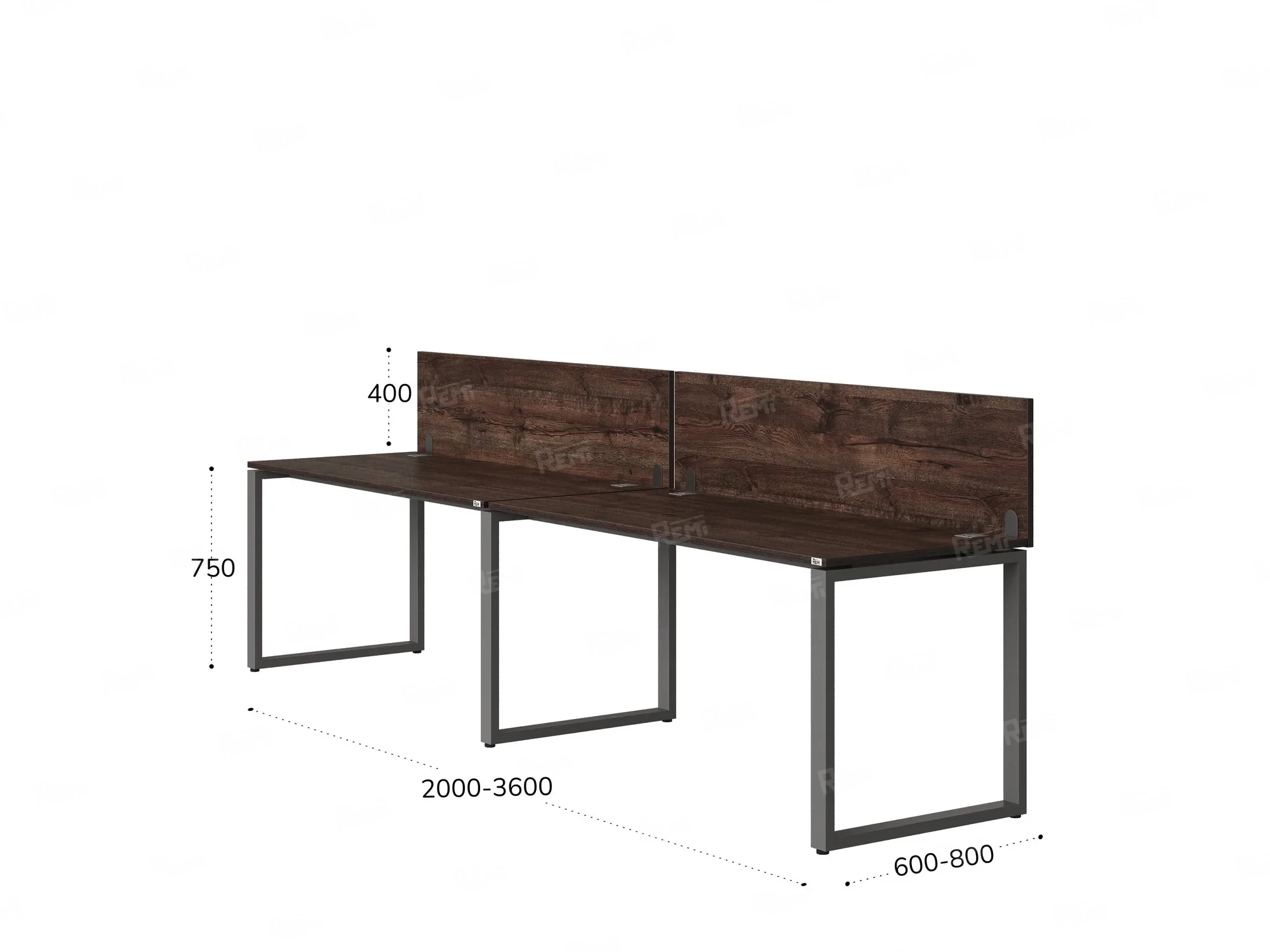 Бенч-система в 1 ряд, 2 рабочих места 2 ЛДСП экранов 2400x800x750 RM168-4-24x8 Дуб Апрельский шоколад/Серый