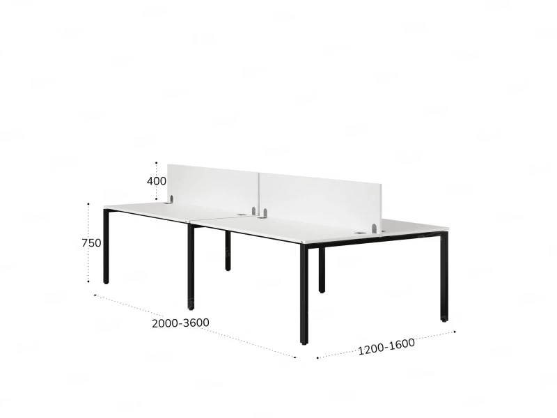 Бенч-система, 4 рабочих места, на П-образных опорах, 2 ЛДСП экранов 3600x1200x750 RM166-4-18x12 Белый/Черный