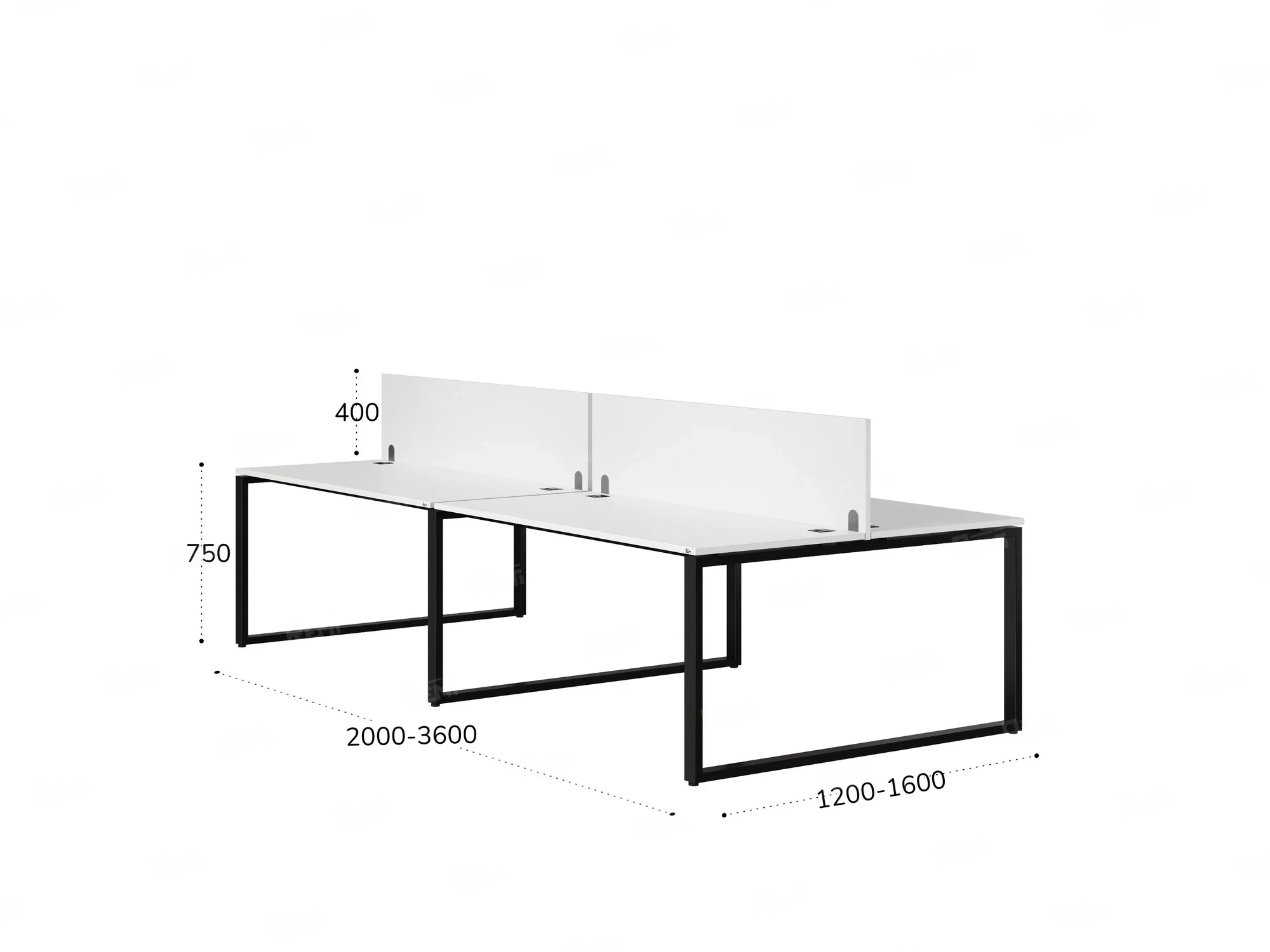 Бенч-система, 4 рабочих места, на О-образных опорах, 2 ЛДСП экранов 2000x1600x750 RM170-4-10x16 Белый/Черный