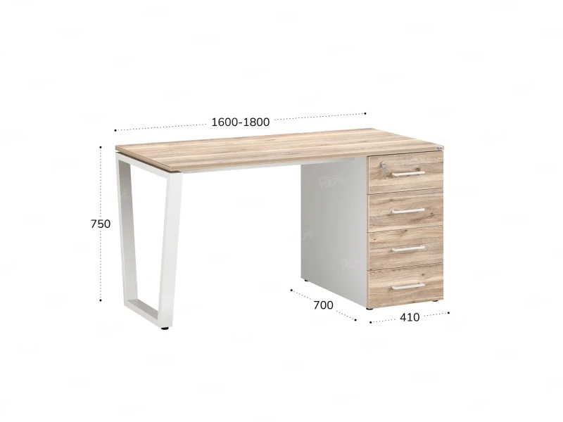 Стол прямой с тумбой на U-образных опоре, правый 1800x700x750 RM101-18x7 Дуб Маувелла/Белый