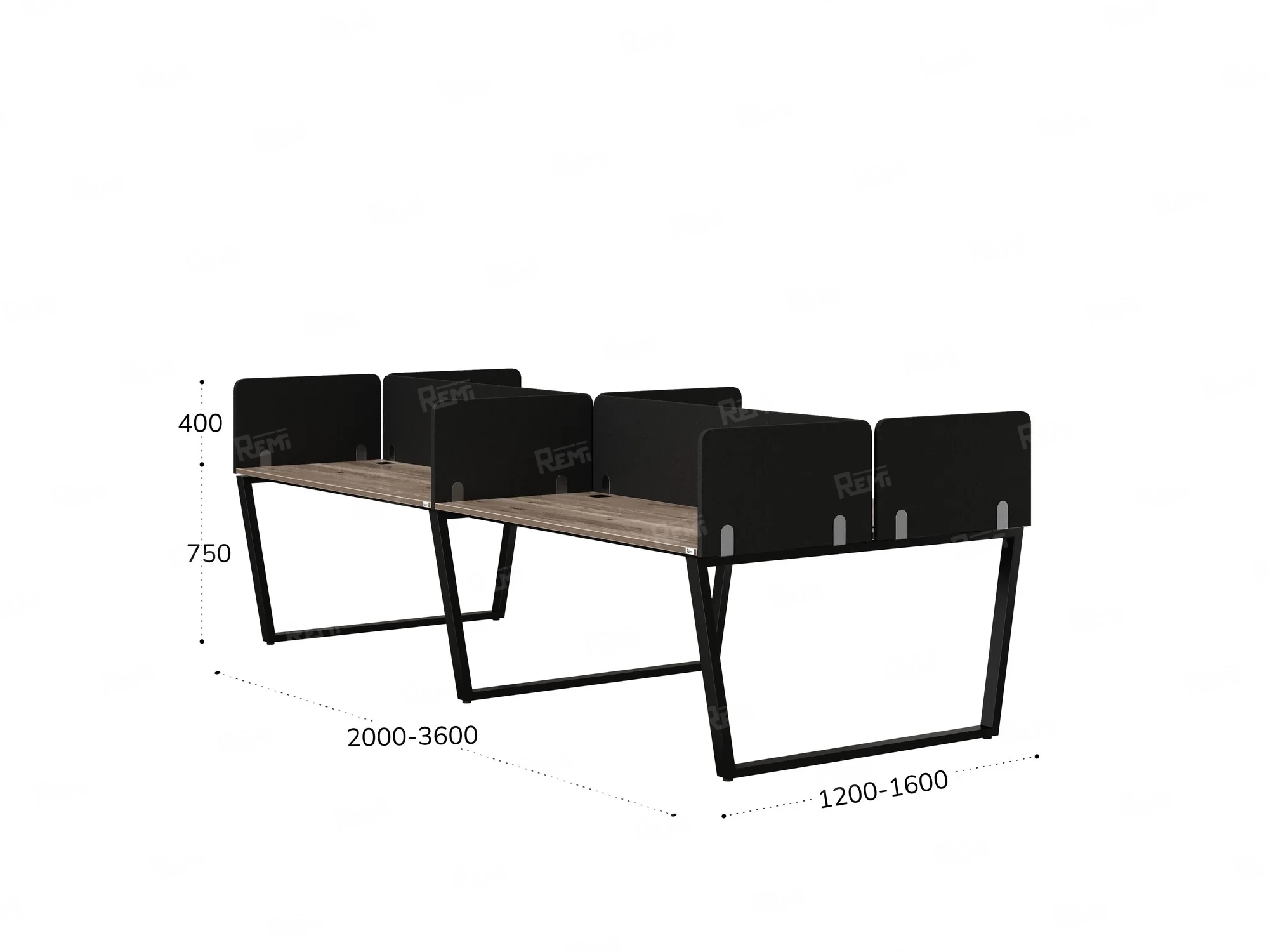 Бенч-система, 4 рабочих места, на U-образных опорах, 8 тканевых экранов 2400x1200x750 RM173-1-12x12 Дуб Маувелла/Черный