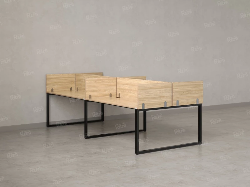 Бенч-система, 4 рабочих места, на О-образных опорах, 8 ЛДСП экранов 2400x1600x750 RM170-1-12x16 Вяз Швейцарский светлый/Черный