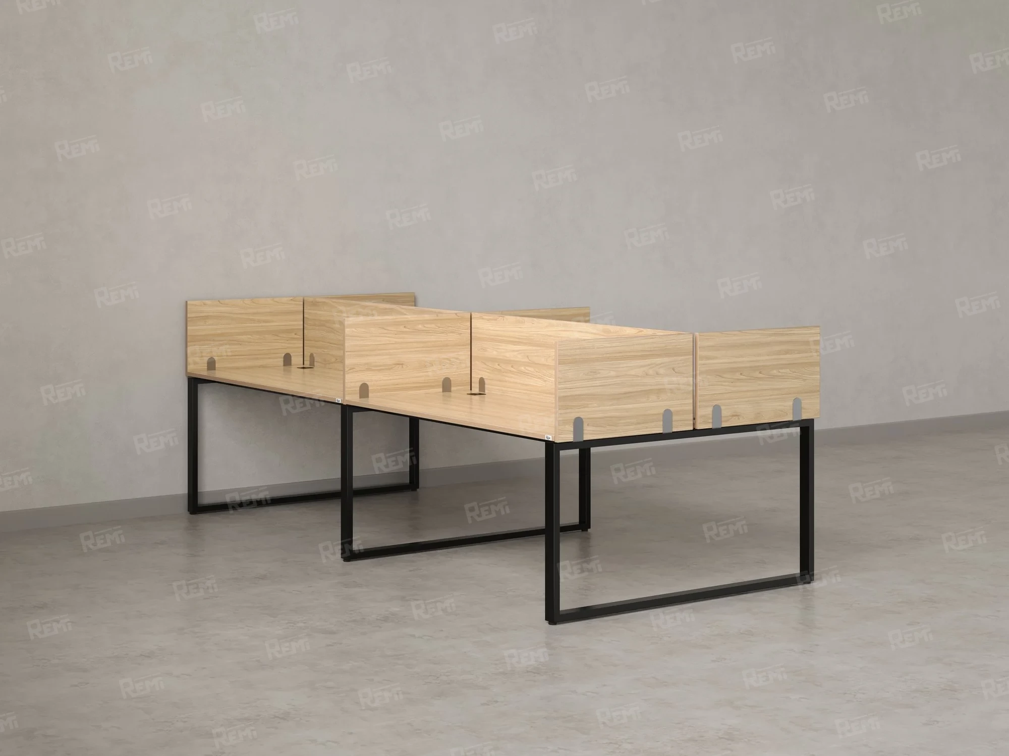 Бенч-система, 4 рабочих места, на О-образных опорах, 8 ЛДСП экранов 2400x1600x750 RM170-1-12x16 Вяз Швейцарский светлый/Черный