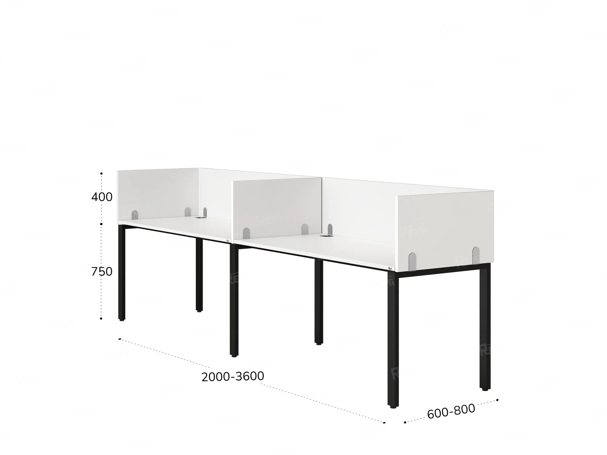 Бенч-система в 1 ряд, 2 рабочих места 5 ЛДСП экранов 2000x800x750 RM167-2-20x8 Белый/Черный