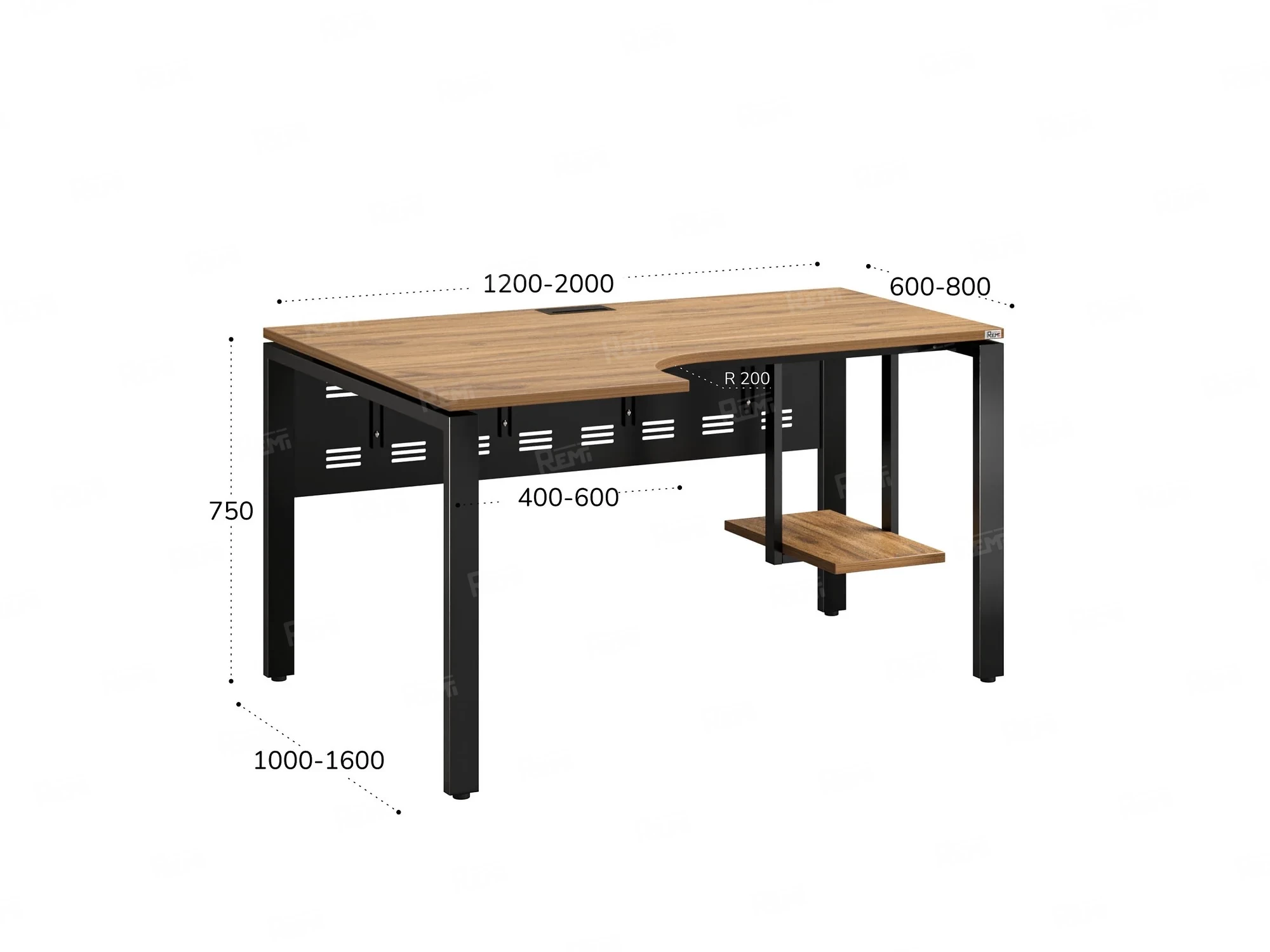 Стол угловой, экран металл, П-опора, левый 1400x800/1000x750, RM059-14x8-10 Дуб Юстус/Черный