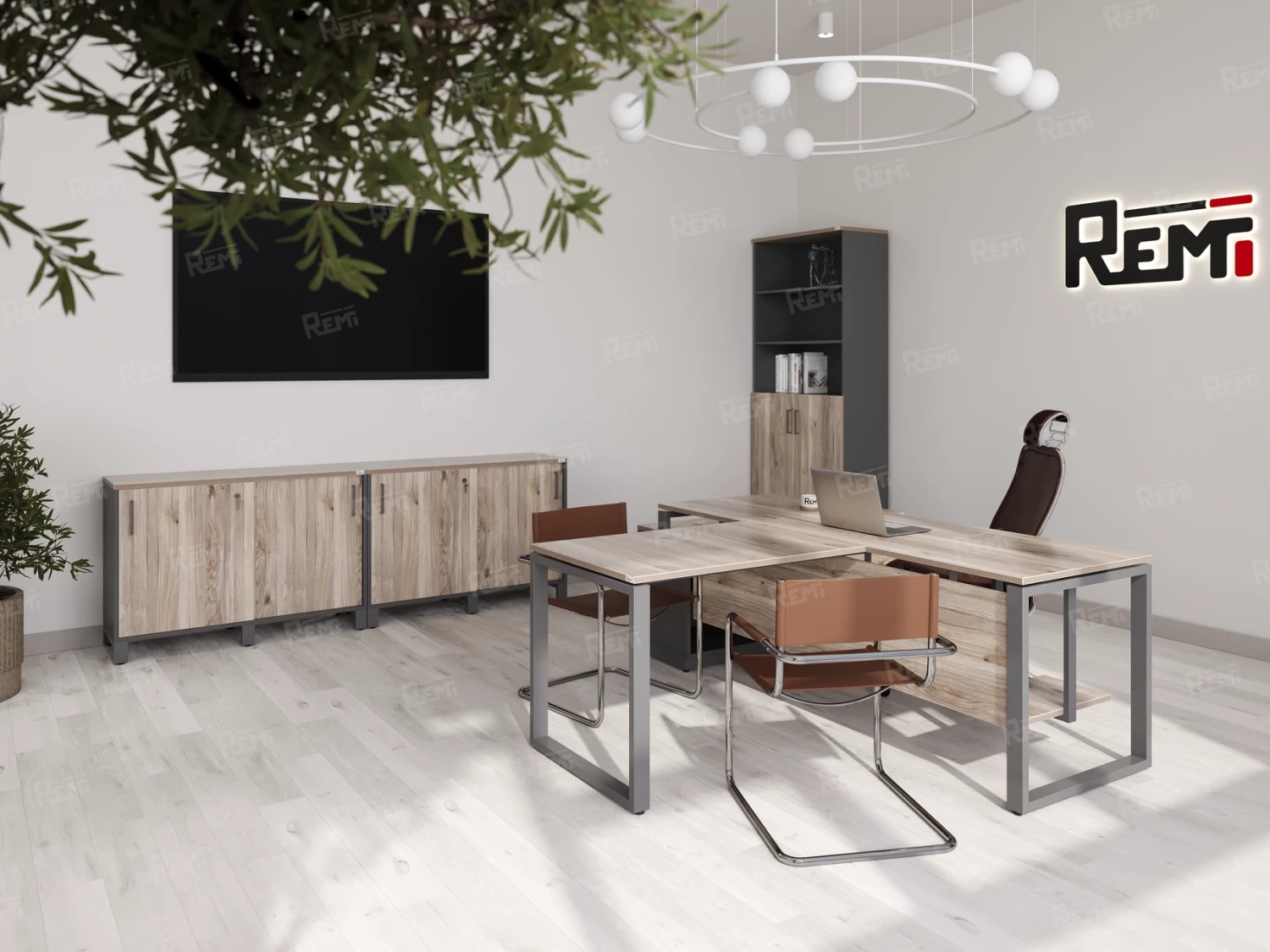Стол прямой с подвесной тумбой 2 ящика, П-опора 2000x700x750 RM039-20x7 Дуб Маувелла/Серый