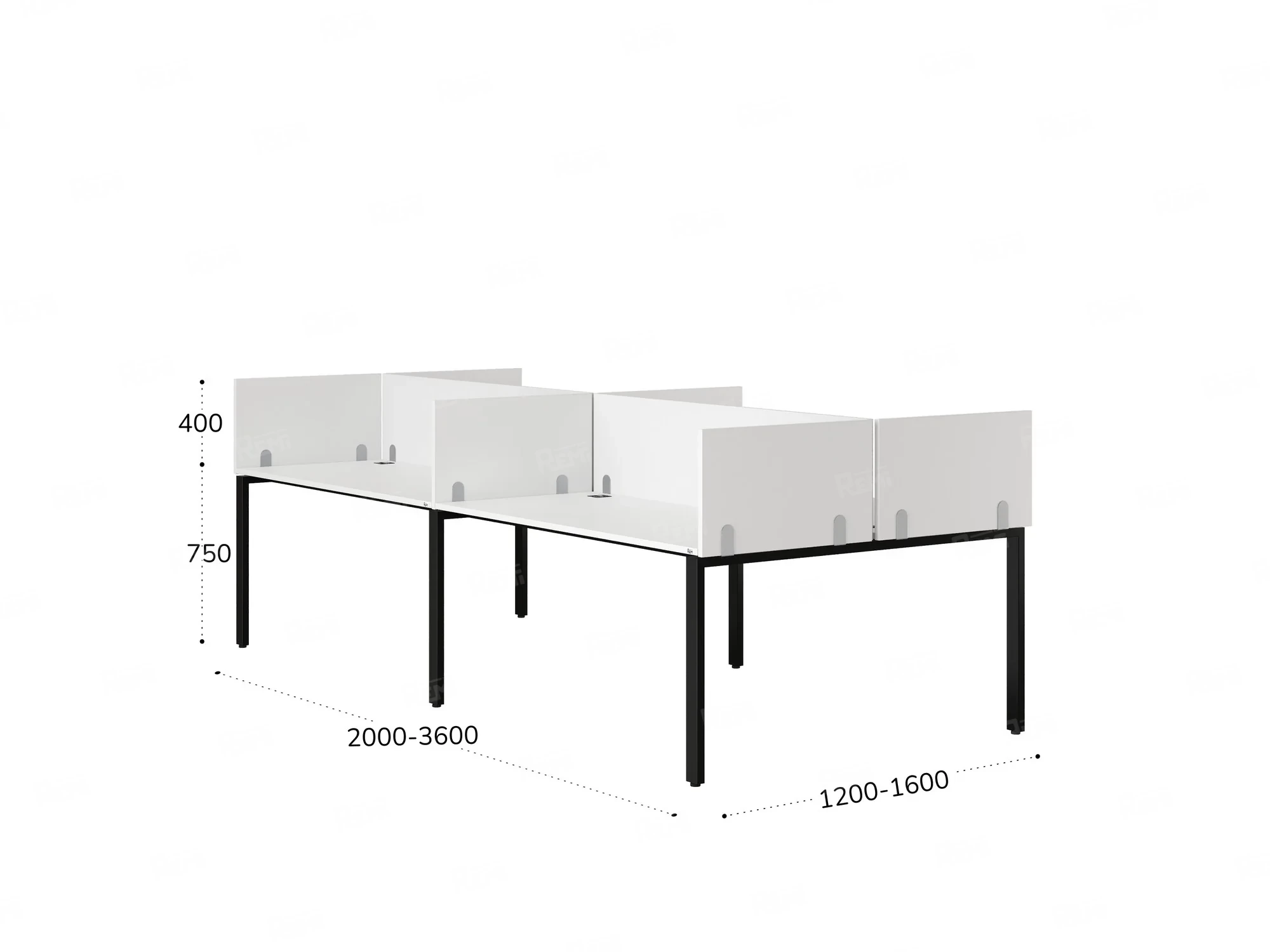 Бенч-система, 4 рабочих места, на П-образных опорах, 8 ЛДСП экранов 2800x1400x750 RM166-2-14x14 Белый/Черный