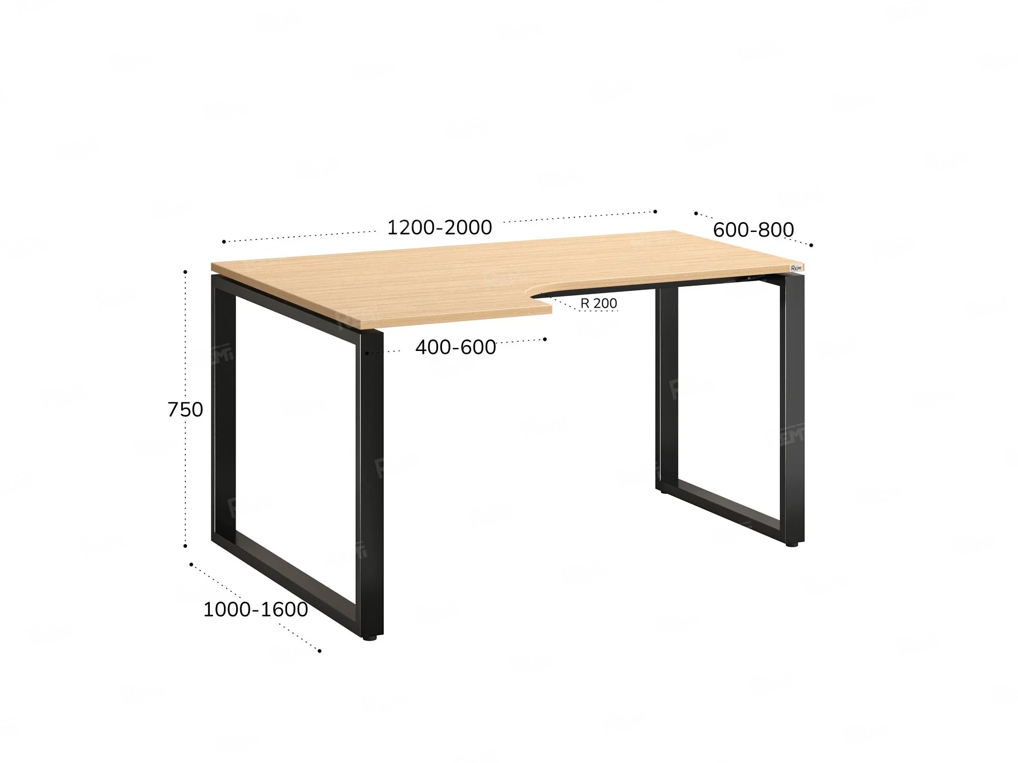 Стол угловой, О-опора, левый 1800x600/900x750, RM055-18x6-9 Вяз Швейцарский светлый/Черный