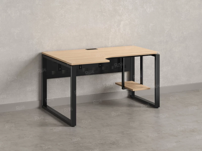 Стол угловой, экран металл, О-опора, левый 1400x600/900x750, RM056-14x6-9 Вяз Швейцарский светлый/Черный