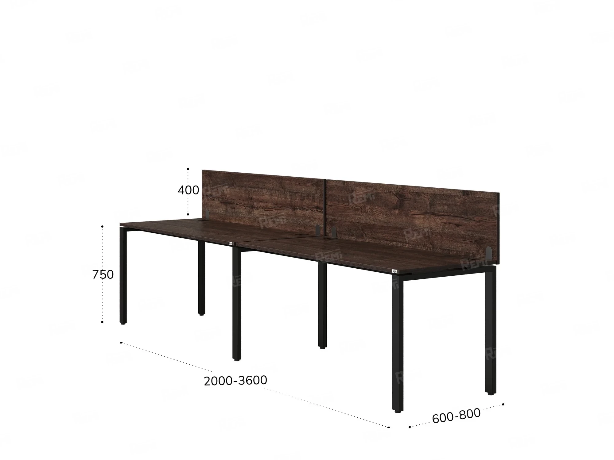 Бенч-система в 1 ряд, 2 рабочих места 2 ЛДСП экранов 2400x800x750 RM167-4-24x8 Дуб Апрельский шоколад/Черный