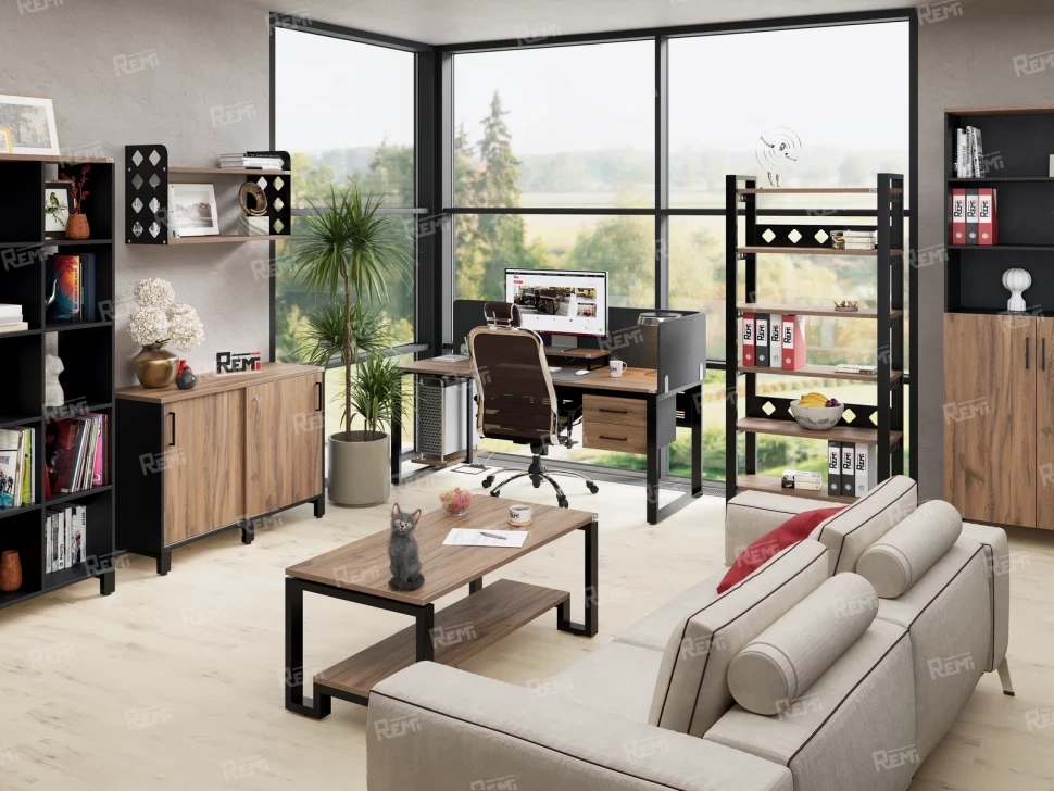 Стол прямой с подвесной тумбой 2 ящика, U-опора 1800x800x750 RM035-18x8 Дуб Юстус/Черный