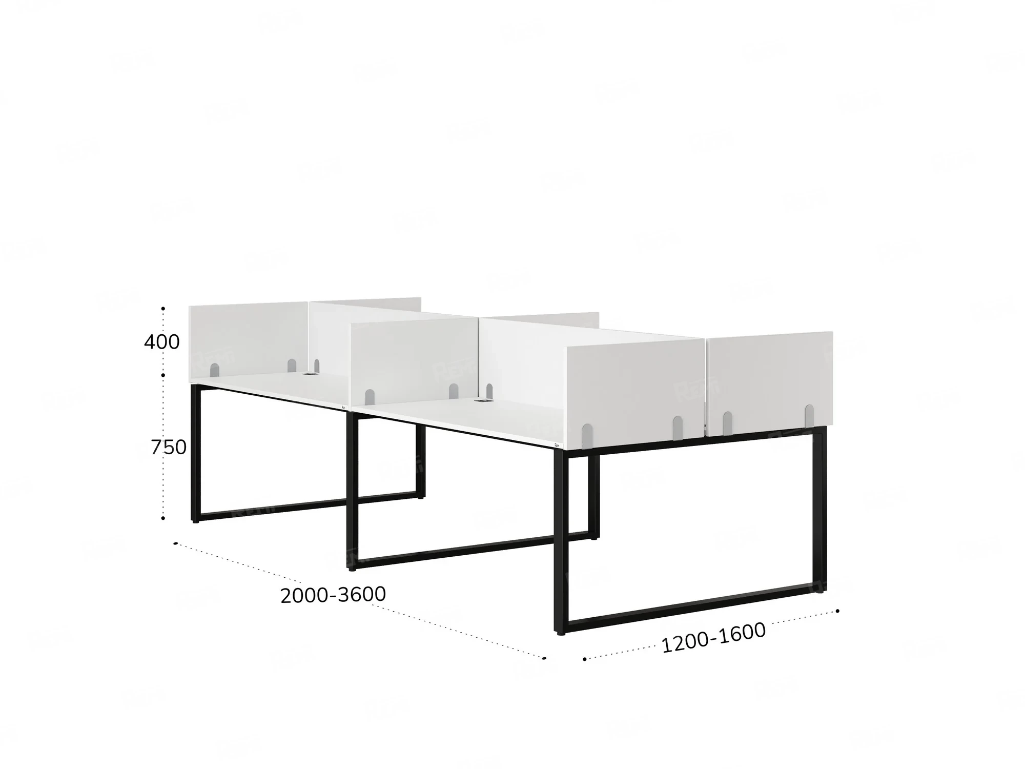 Бенч-система, 4 рабочих места, на О-образных опорах, 8 ЛДСП экранов 3600x1200x750 RM170-1-18x12 Белый/Черный