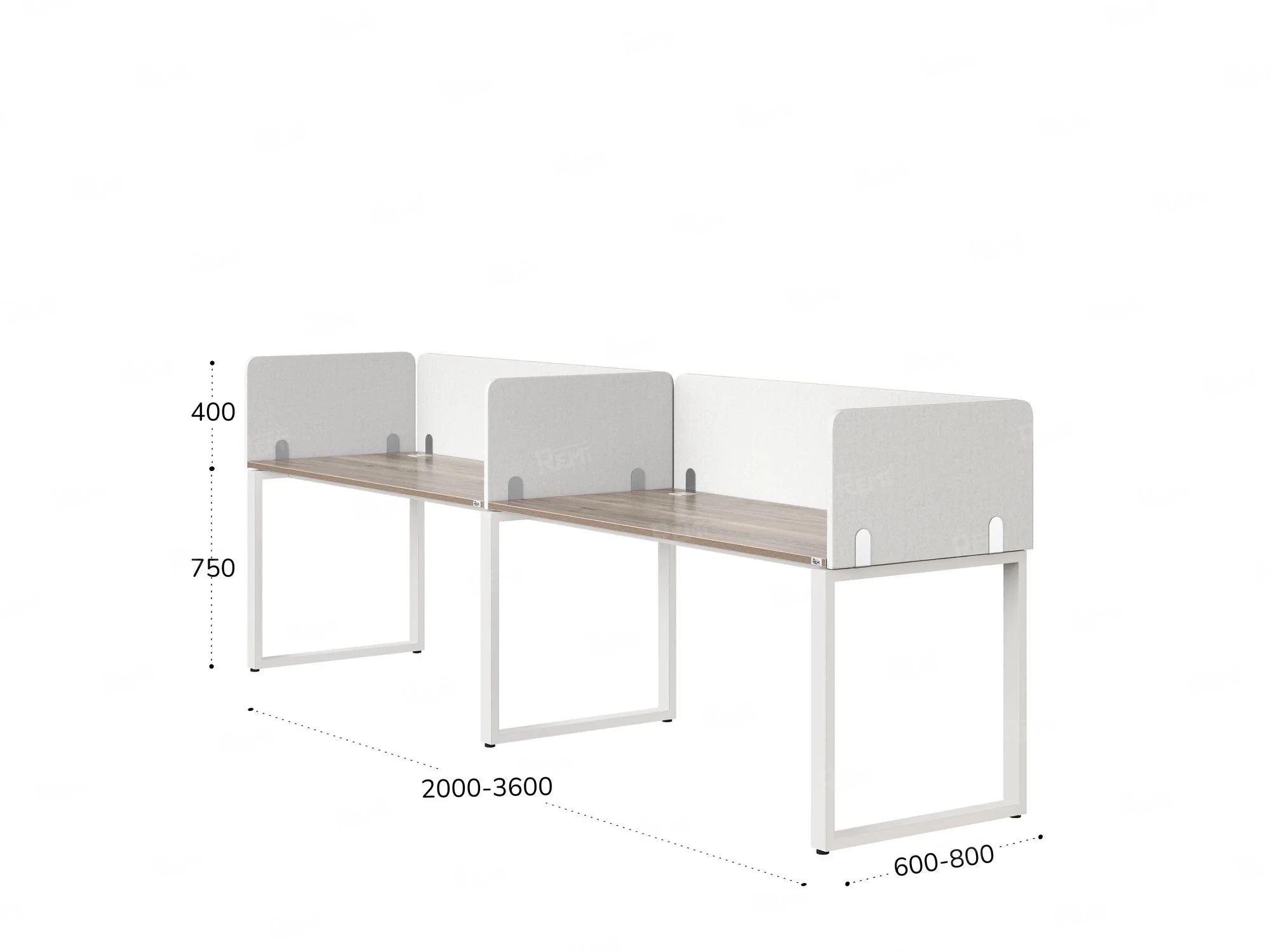 Бенч-система в 1 ряд, 2 рабочих места 5 тканевых экранов 3200x700x750 RM168-1-32x7 Дуб Маувелла/Белый