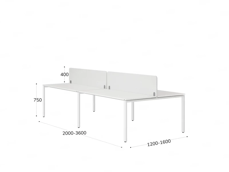 Бенч-система, 4 рабочих места, на П-образных опорах, 2 тканевых экранов 3600x1600x750 RM166-3-18x16 Белый/Белый